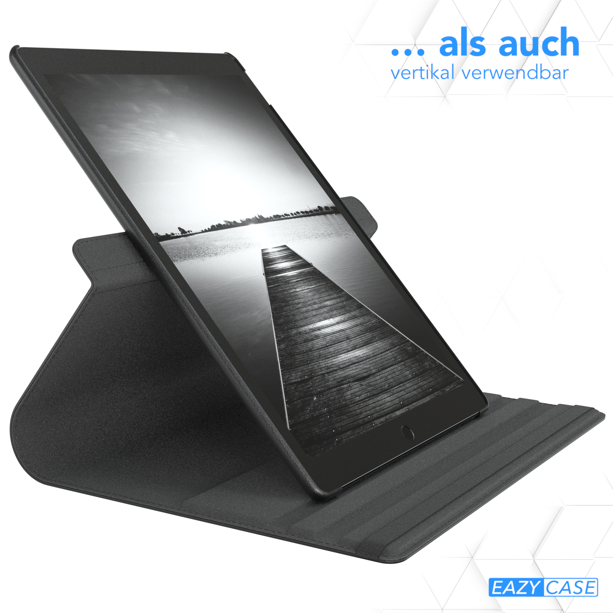 Ein Tablet steht in einer schwarzen Hülle. Der Bildschirm zeigt einen Steg über einem See.