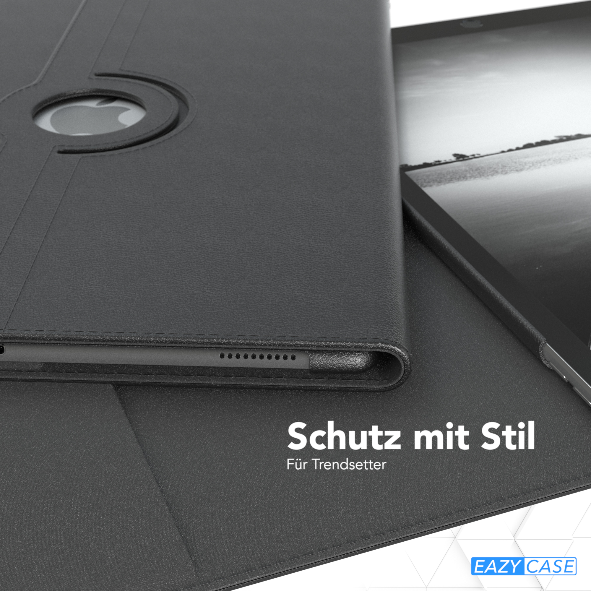 Schwarze Tablet-Hülle, zeigt einen Teil eines Tablets. Die Hülle ist geschlossen, das Apple-Logo ist sichtbar.