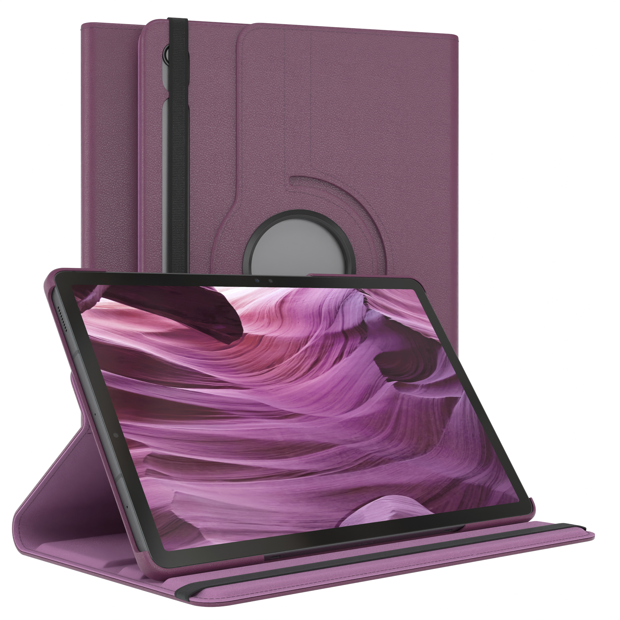 Lilafarbene Tablethülle mit Tablet. Tablet zeigt Landschaft. Hülle ist offen, zeigt die Innenseite.