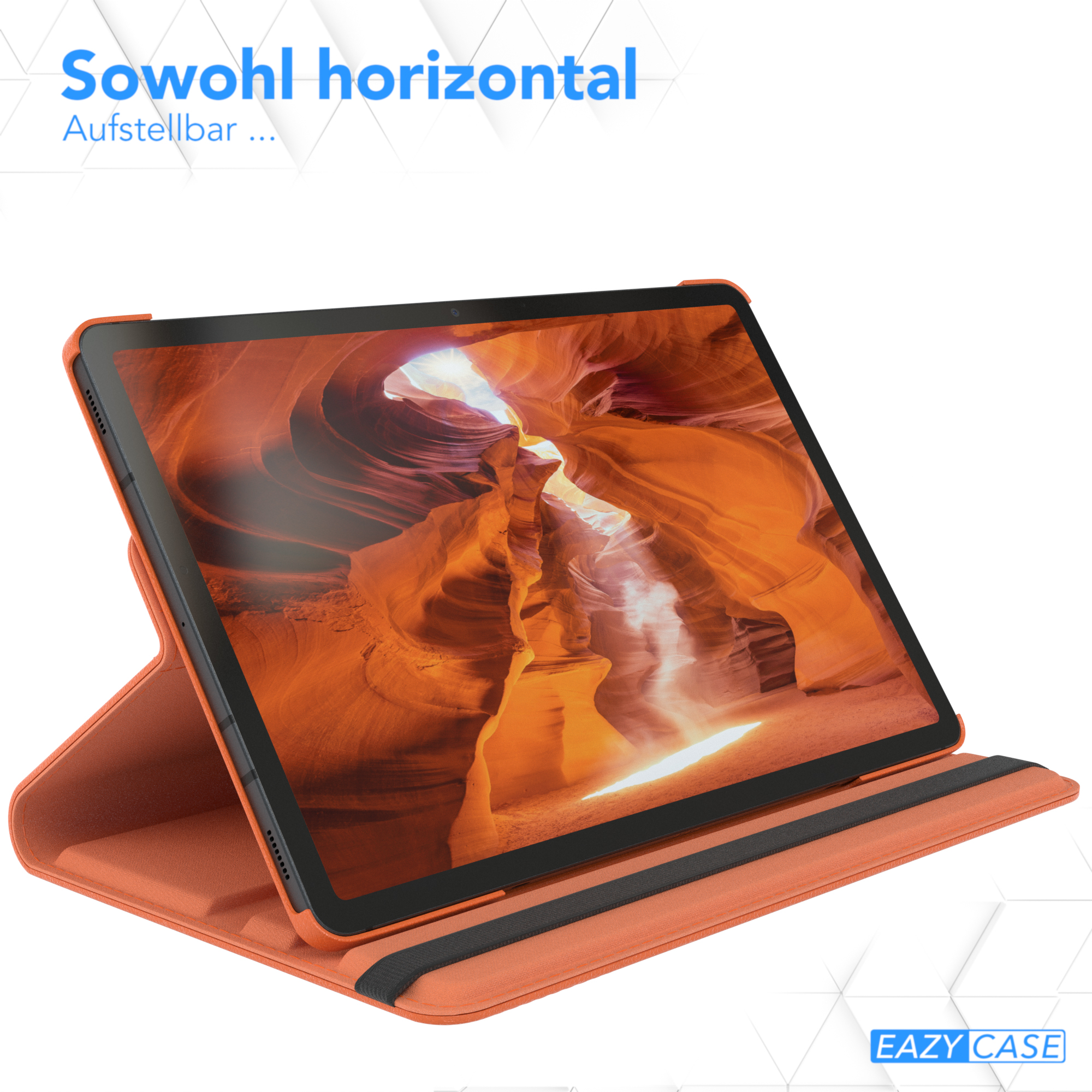 Tablet in orangefarbener Hülle, Querformat. Text: Sowohl horizontal. Logo: EAZY CASE.