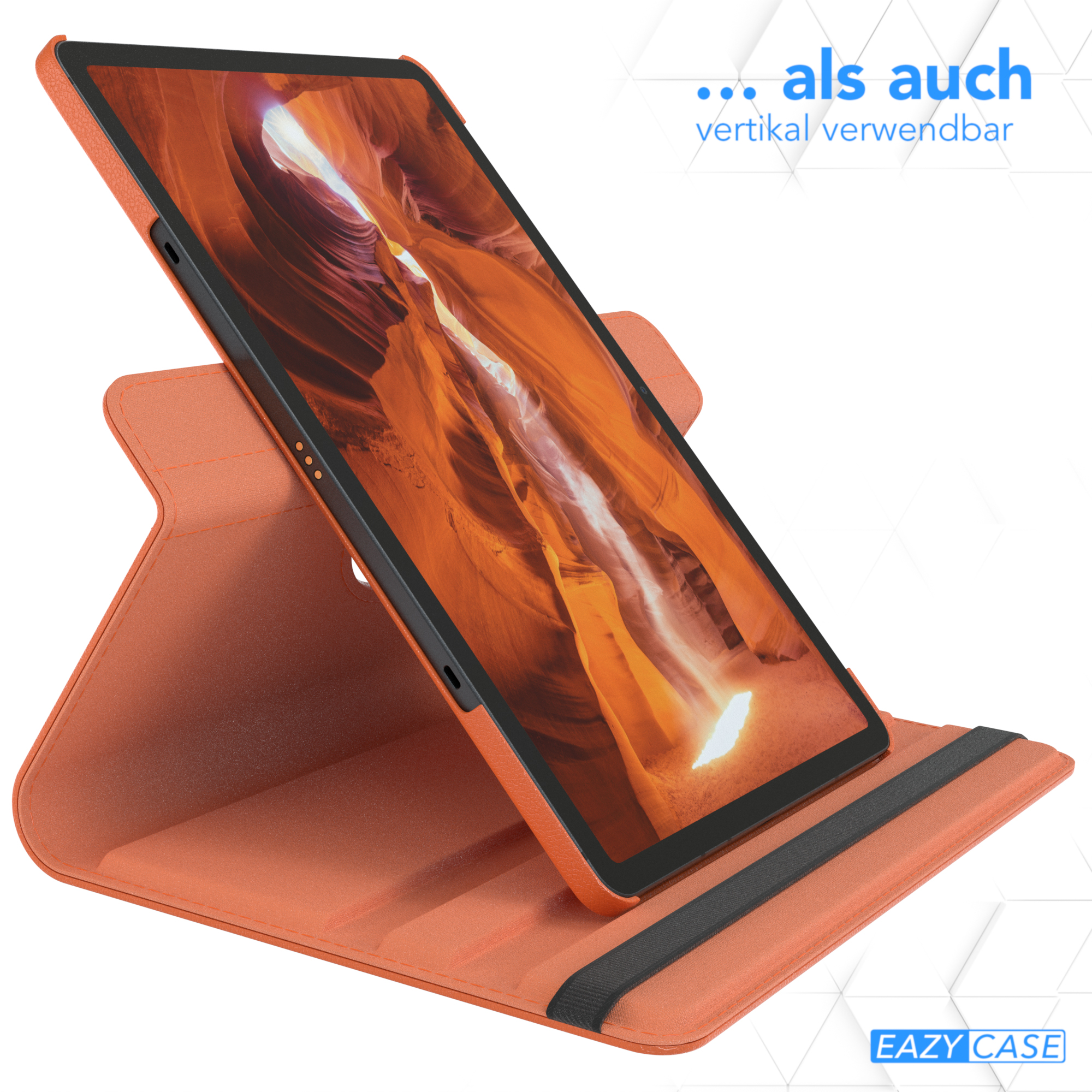 Tablet in orangefarbener Hülle. Text "... als auch vertikal verwendbar" oben rechts.
