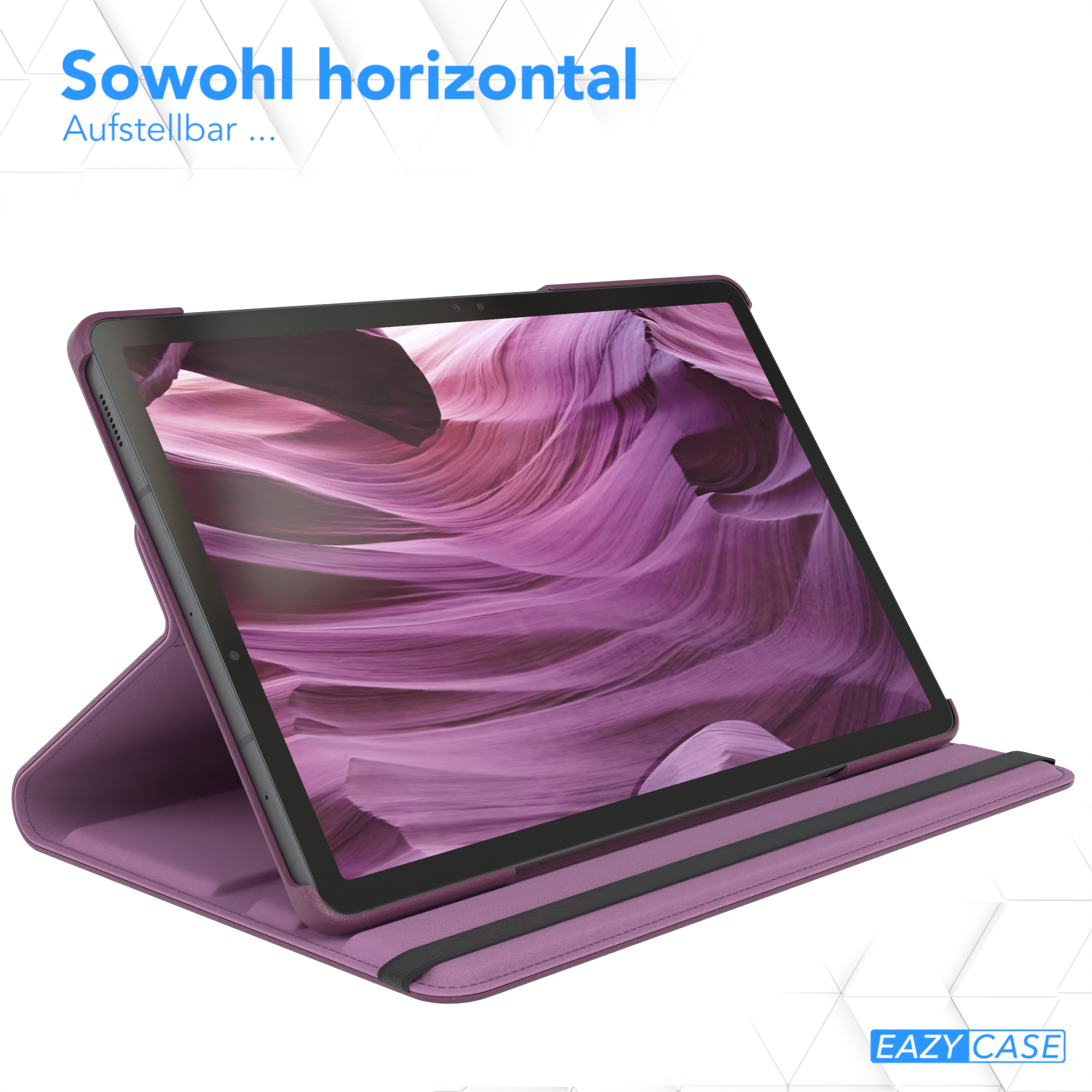 Tablet in lila Hülle, geöffnet, zeigt Bildschirm mit Bild, weißer Hintergrund.