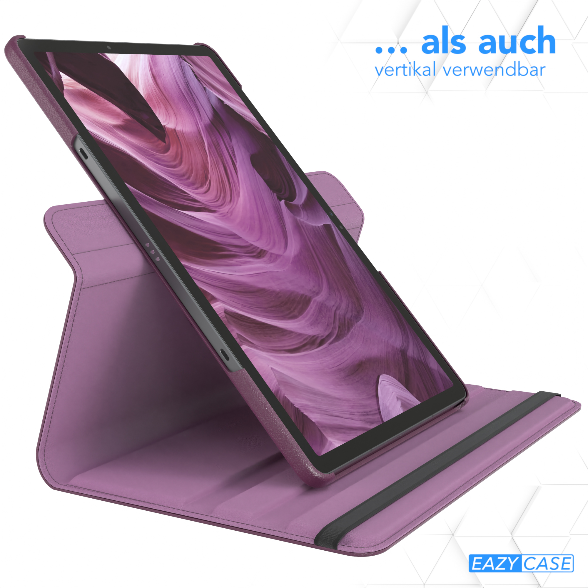 Lila Tablethülle, mit Tablet darin. Die Hülle ist abgewinkelt, mit Text: EAZY CASE.