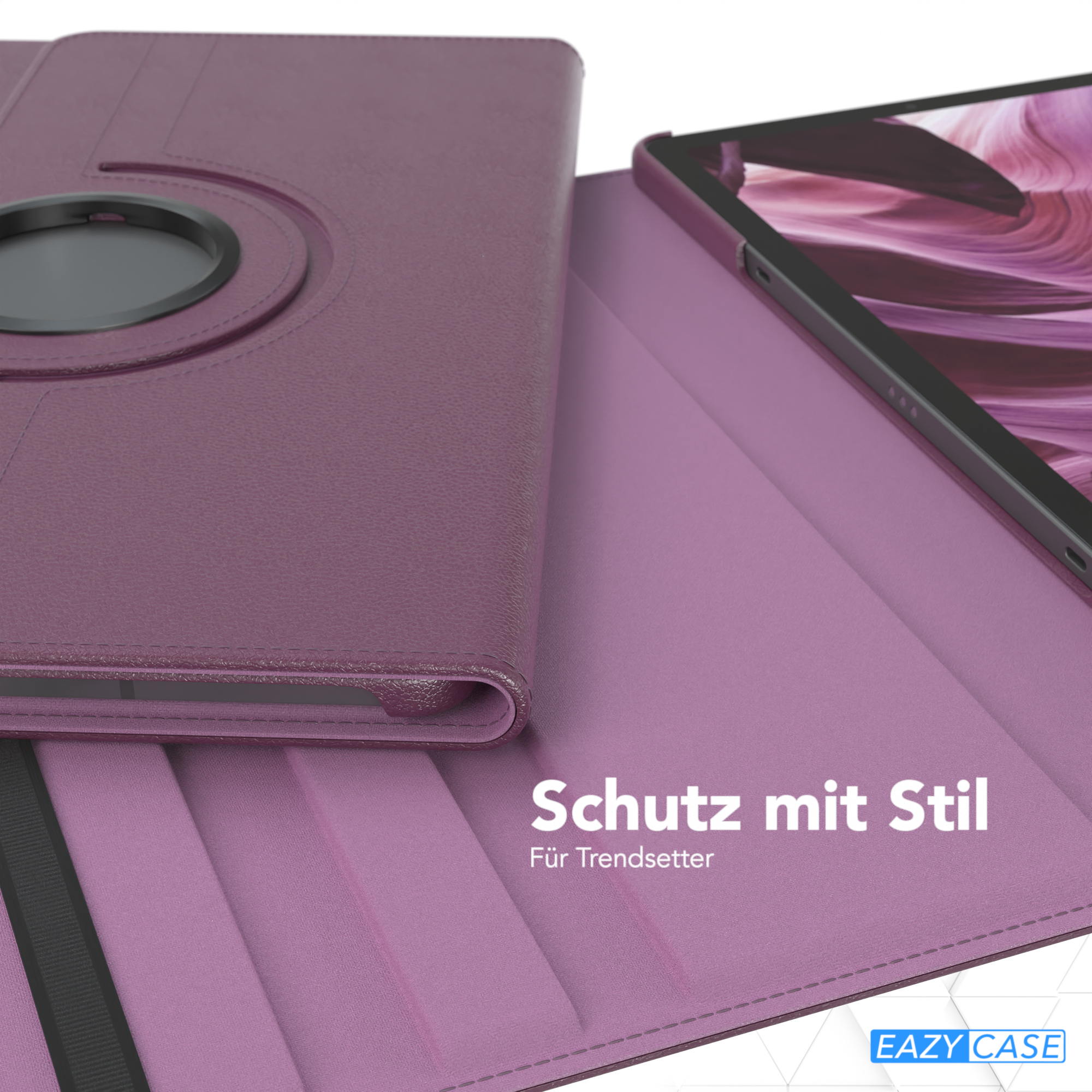 Lila Tablethülle, offen, mit Tablet. Text auf der Hülle: 'Schutz mit Stil'.