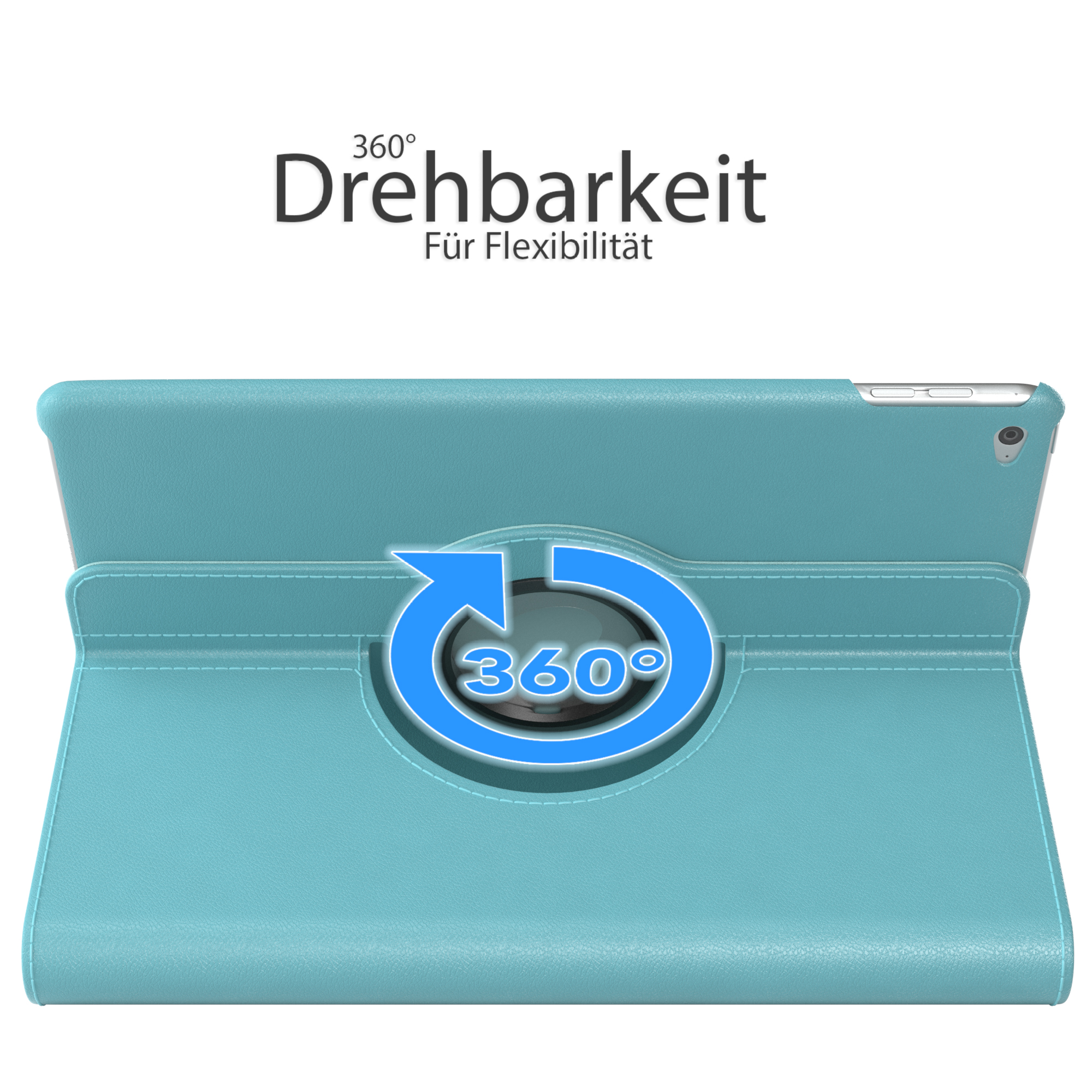 Blaue Tablet-Hülle mit 360-Grad-Drehung, geöffnet. Das Tablet ist im Inneren sichtbar.