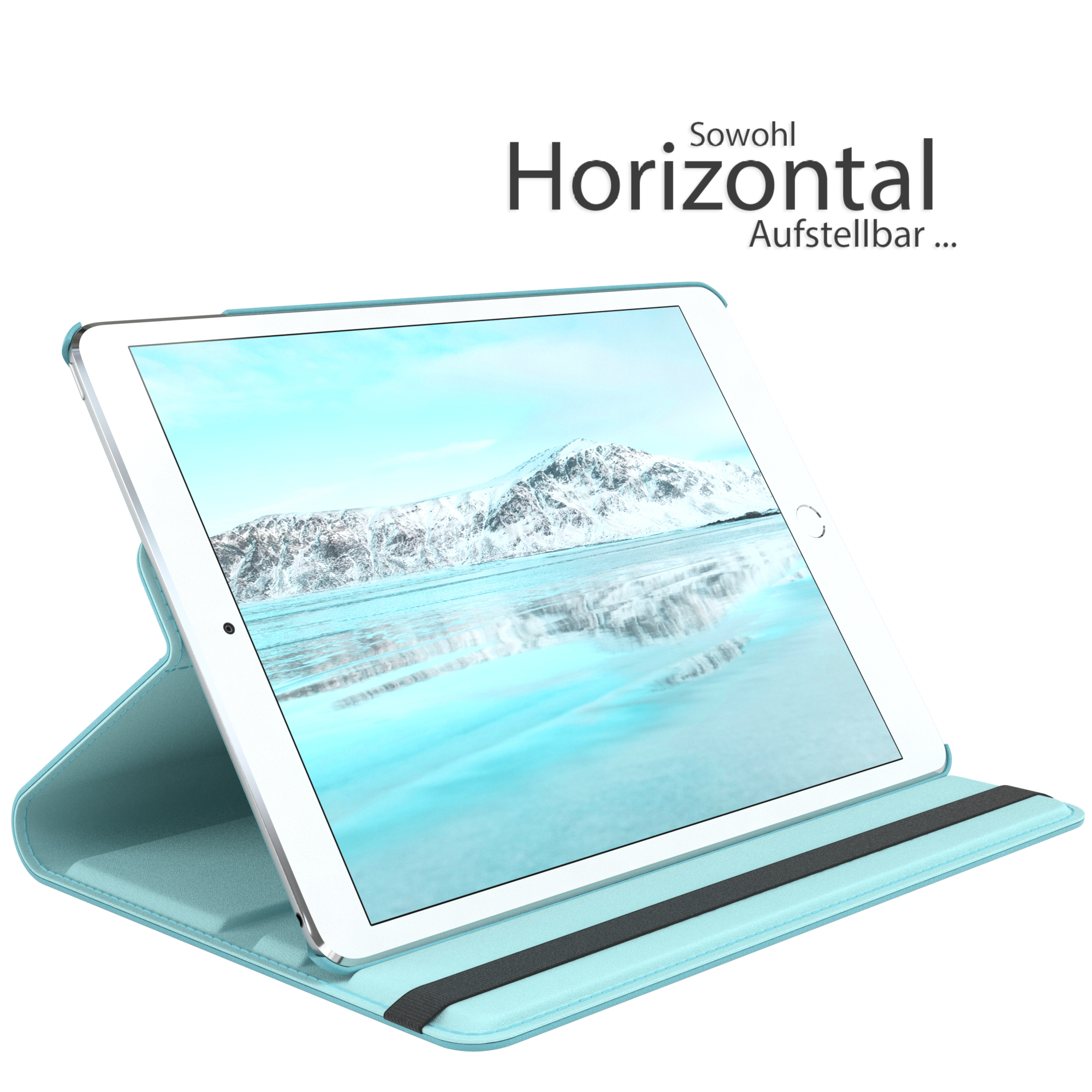 Tablet in blauem Case, horizontaler Ständer, Schneelandschaft auf dem Bildschirm.