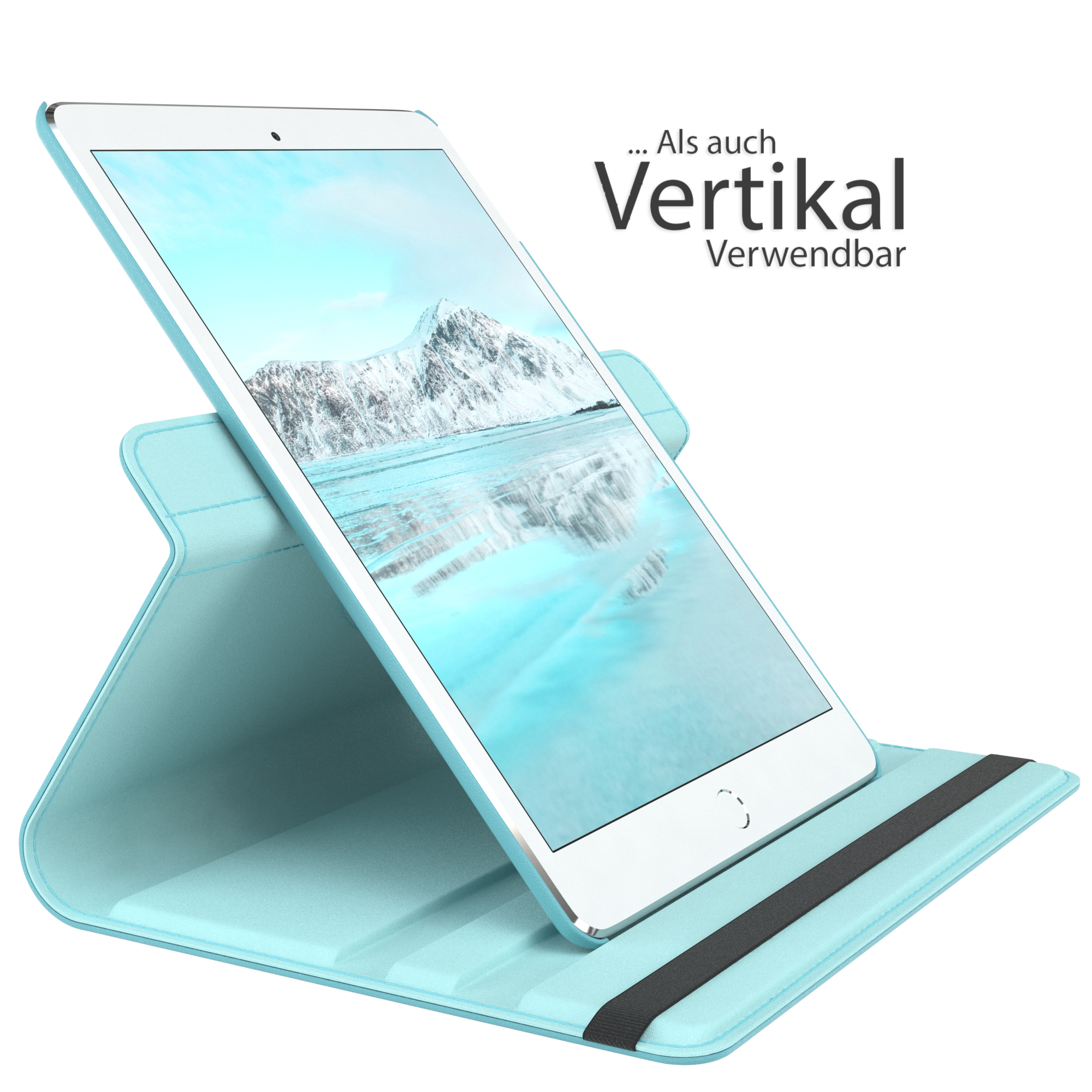 Tablet in blauem Ständer. Der Bildschirm zeigt eine schneebedeckte Berglandschaft. Text 'Vertikal'.