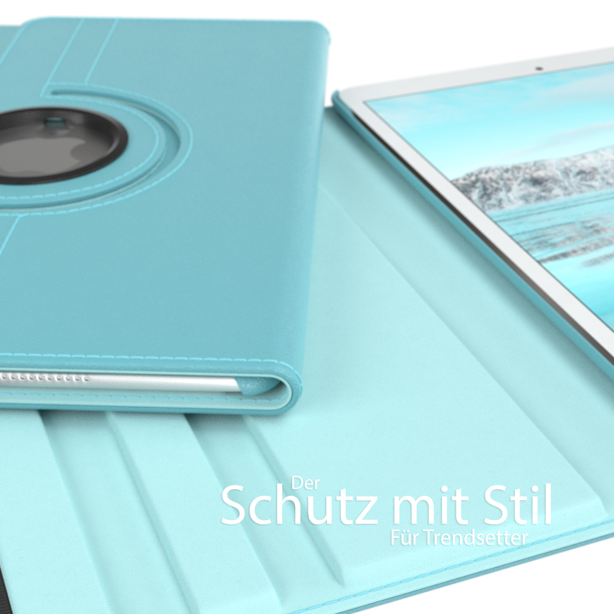Hellblaue Tablethülle, geöffnet, zeigt Tablet mit Text 'Schutz mit Stil'.