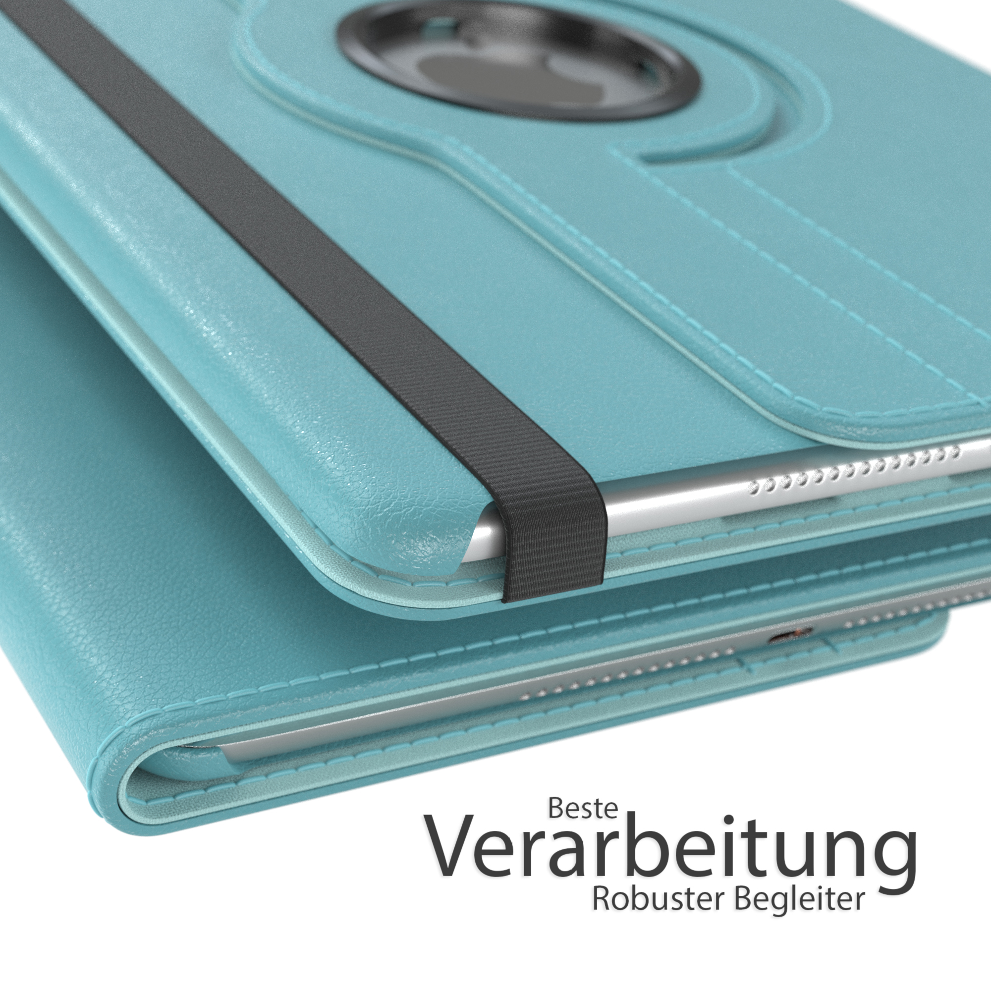 Eine hellblaue Tablethülle, geschlossen, mit schwarzem Riemen und Text.