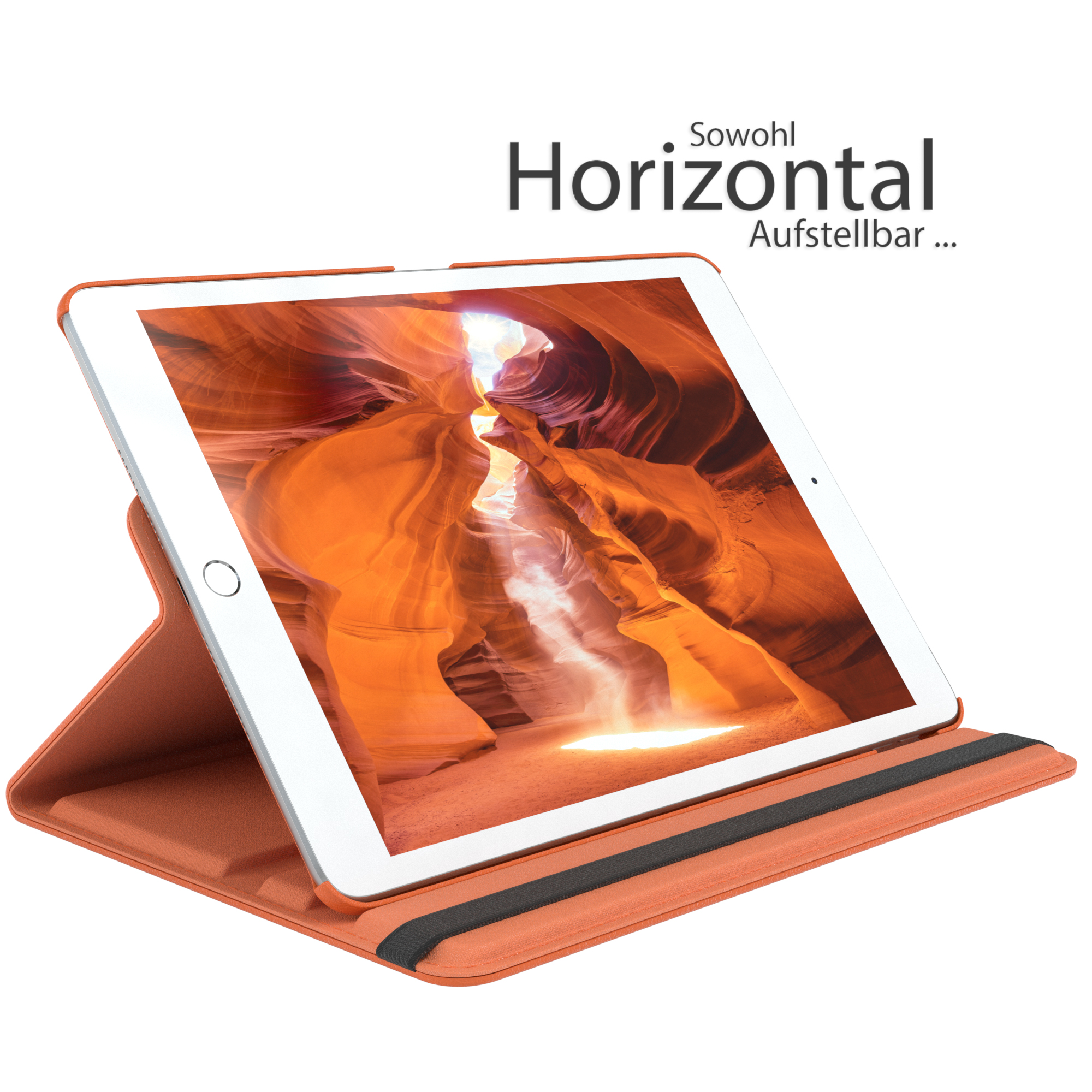 Orangefarbene Tablethülle im Querformat. Tablet-Bildschirm zeigt einen orangefarbenen Canyon. Text: Horizontal Aufstellbar...