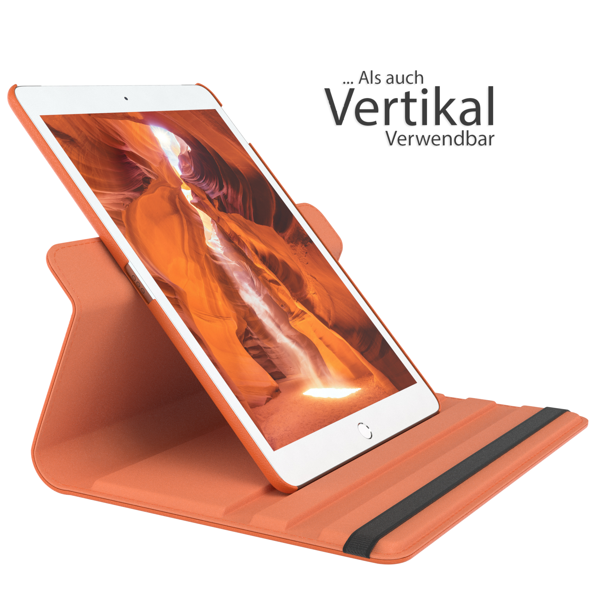 Orangene Tablethülle mit Tablet, Text: 'Vertikal Verwendbar'.