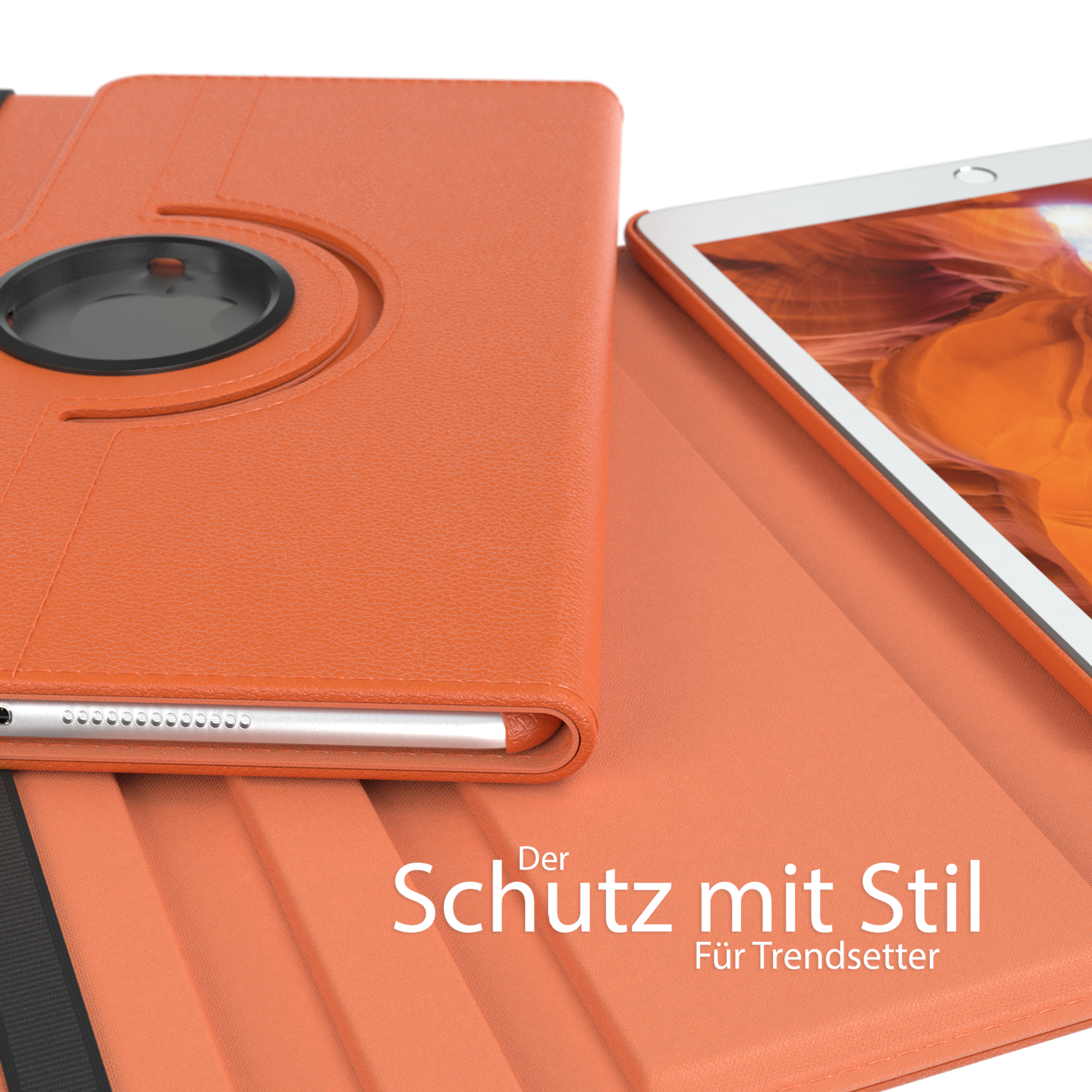 Geöffnete orangefarbene Tablet-Hülle mit Text 'Der Schutz mit Stil' und 'Für Trendsetter'.