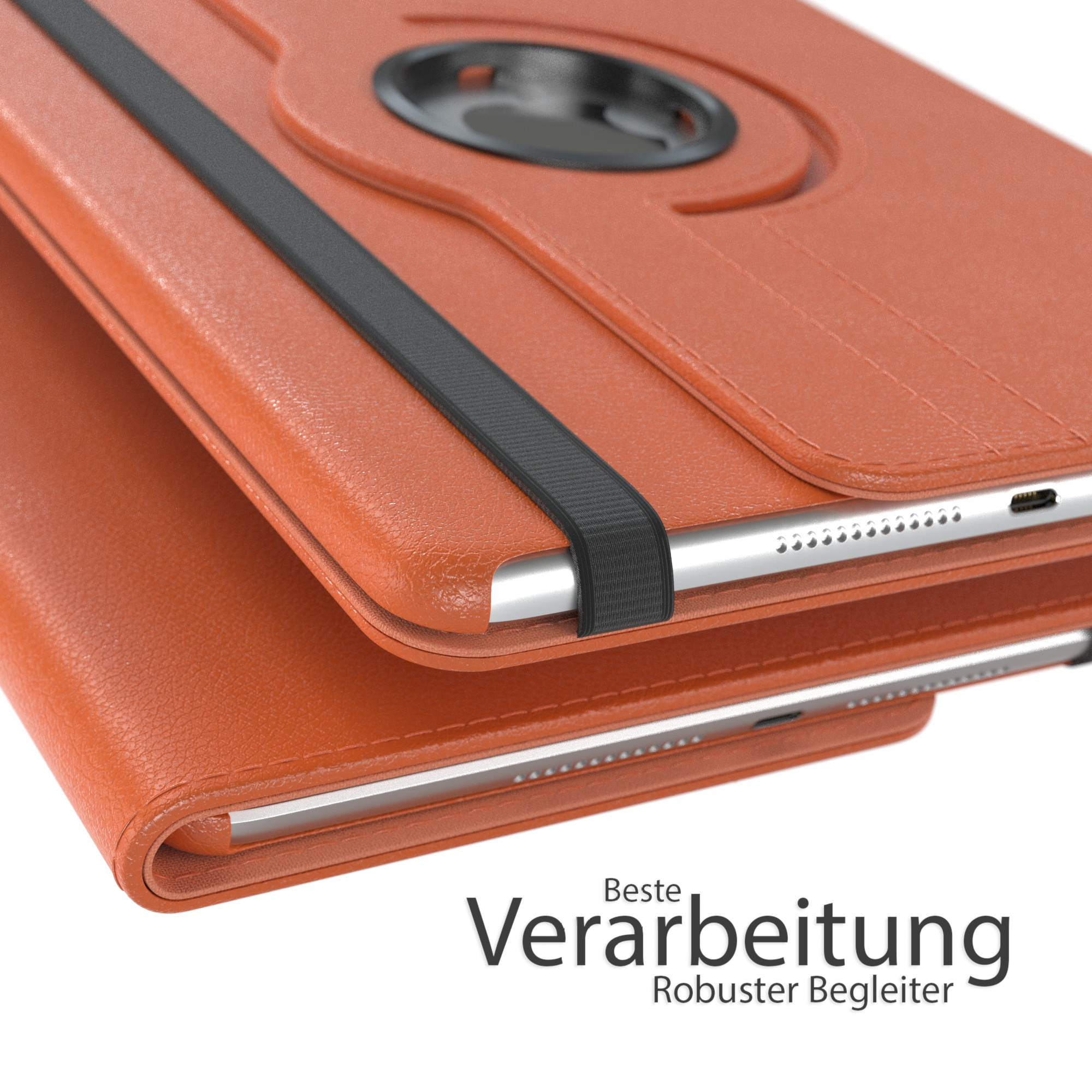 Eine orangefarbene Tablethülle mit einem schwarzen Riemen und weißem Text.