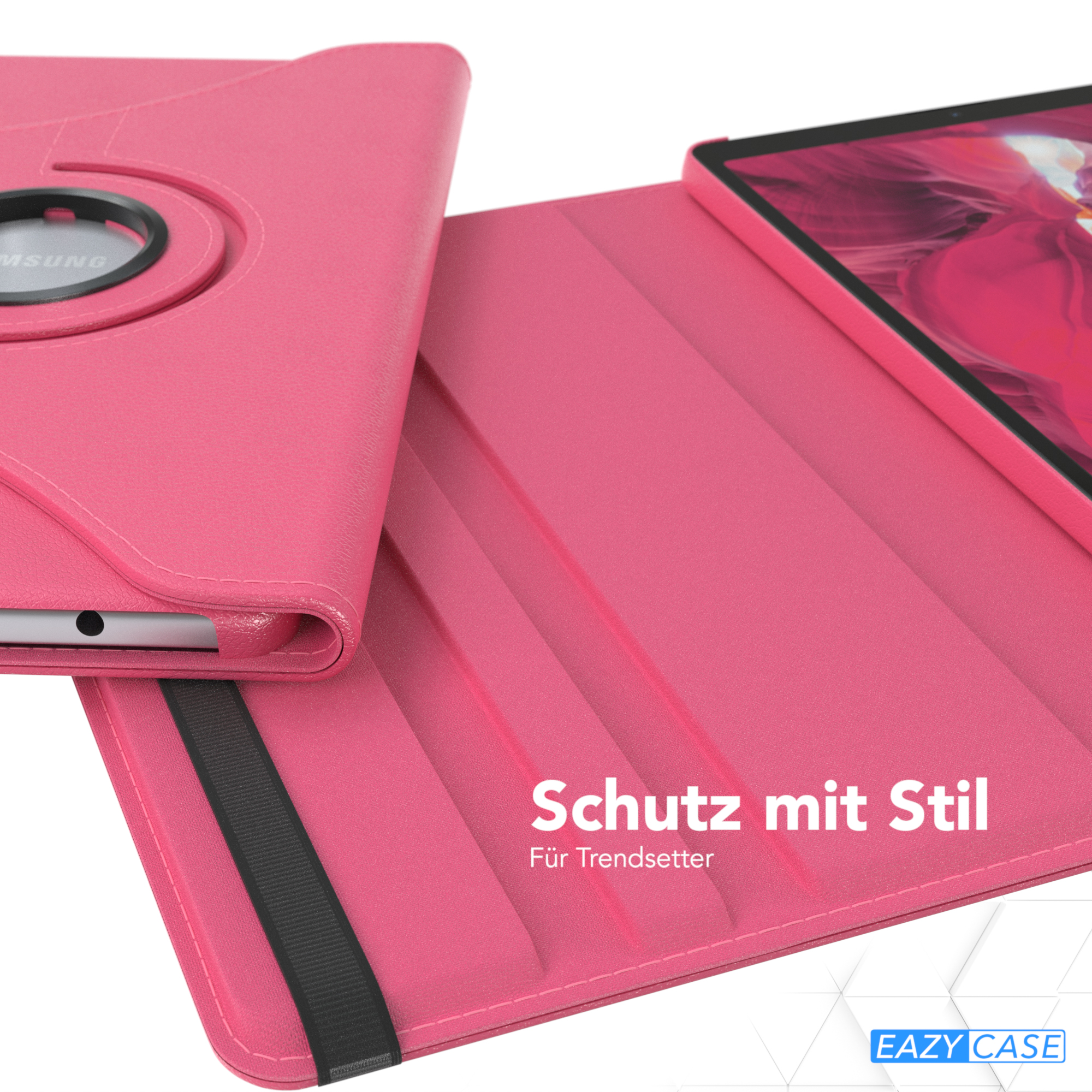 Rosa Tablet-Case mit schwarzem Riemen. Text 'Schutz mit Stil' und 'Für Trendsetter'.