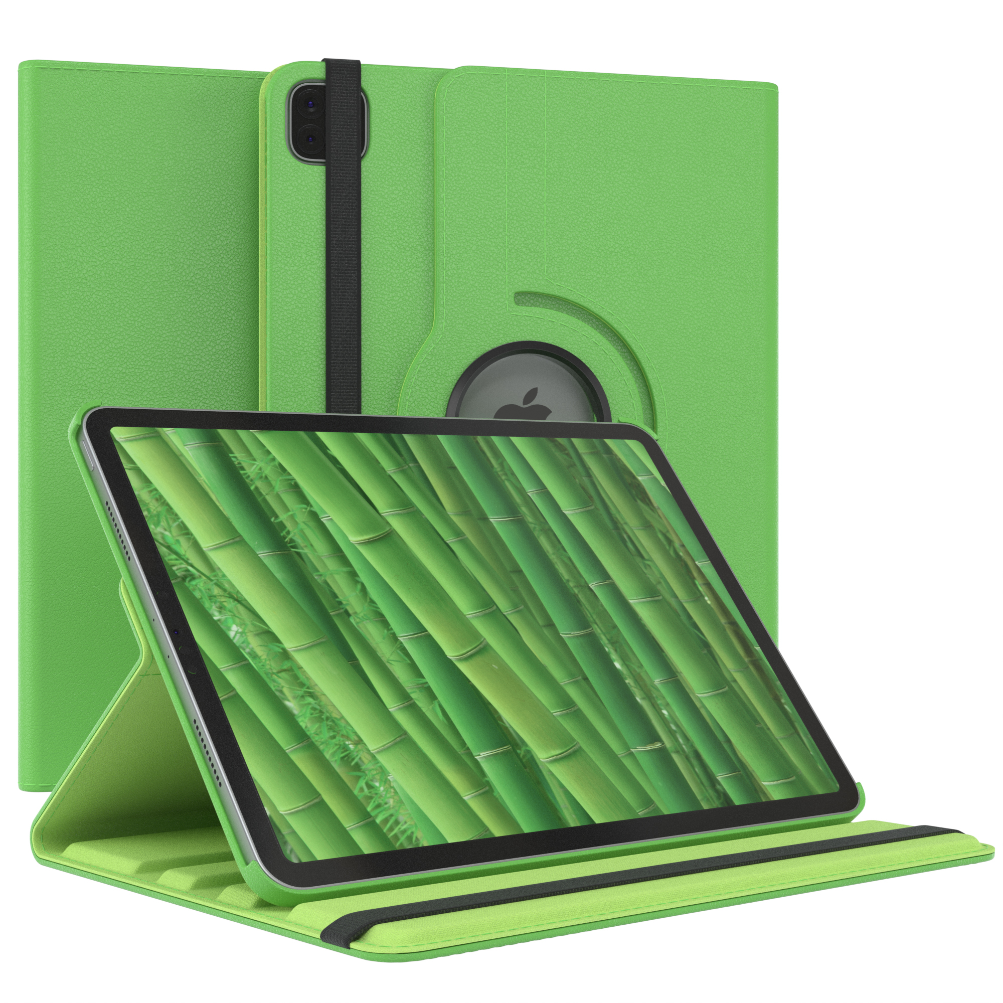 Tablet in einer grünen Hülle, geöffnet, um Bambusstämme zu zeigen. Die Hülle hat einen schwarzen Riemen.
