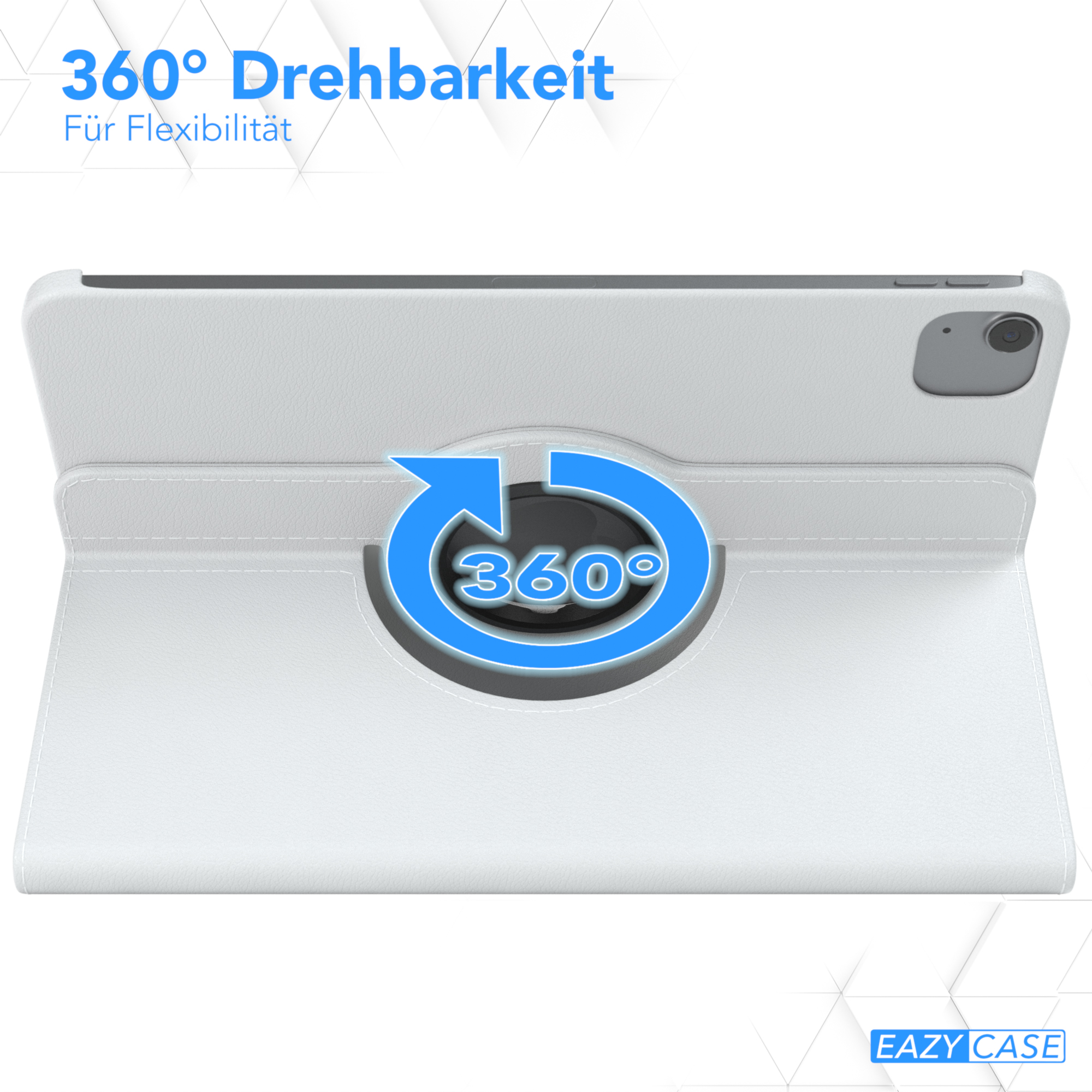 Eine weiße iPad-Hülle, geöffnet mit einem 360-Grad-Pfeil. Text sagt '360° Drehbarkeit'.