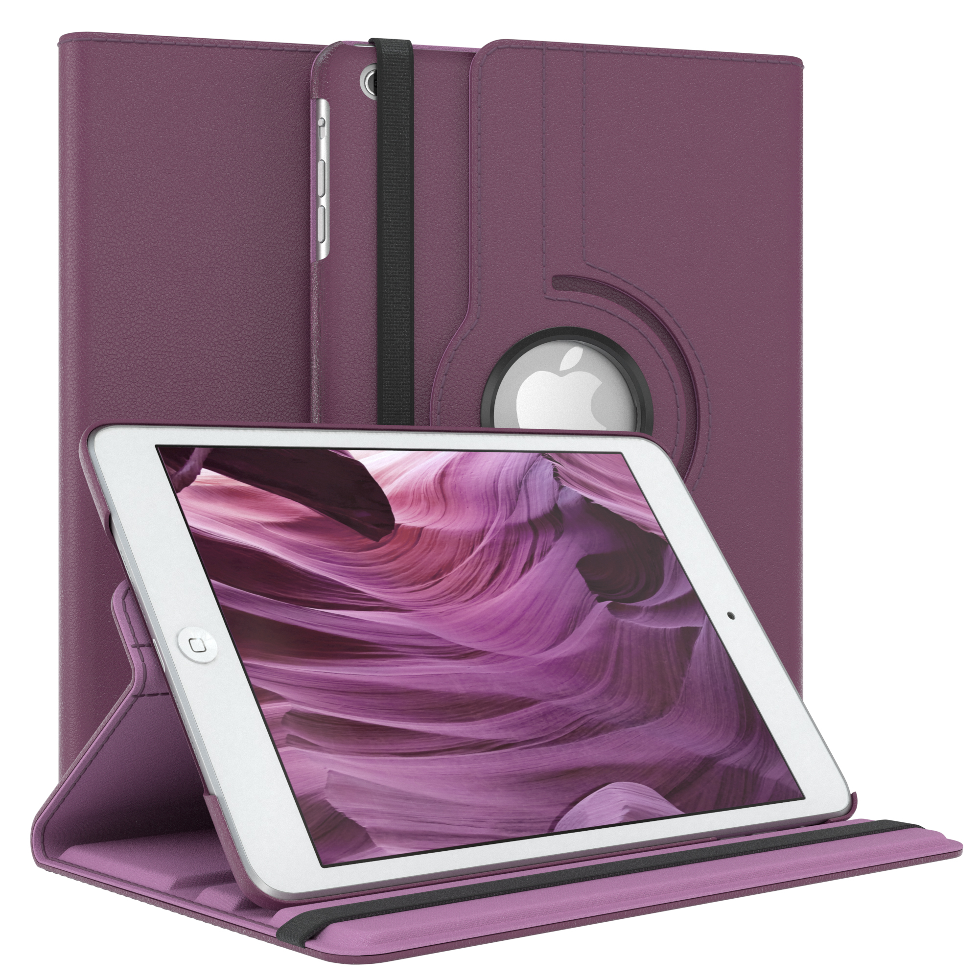 Lila Tablet in lila Hülle, geöffnet auf lila Oberfläche. Der Bildschirm zeigt Landschaftsbild.