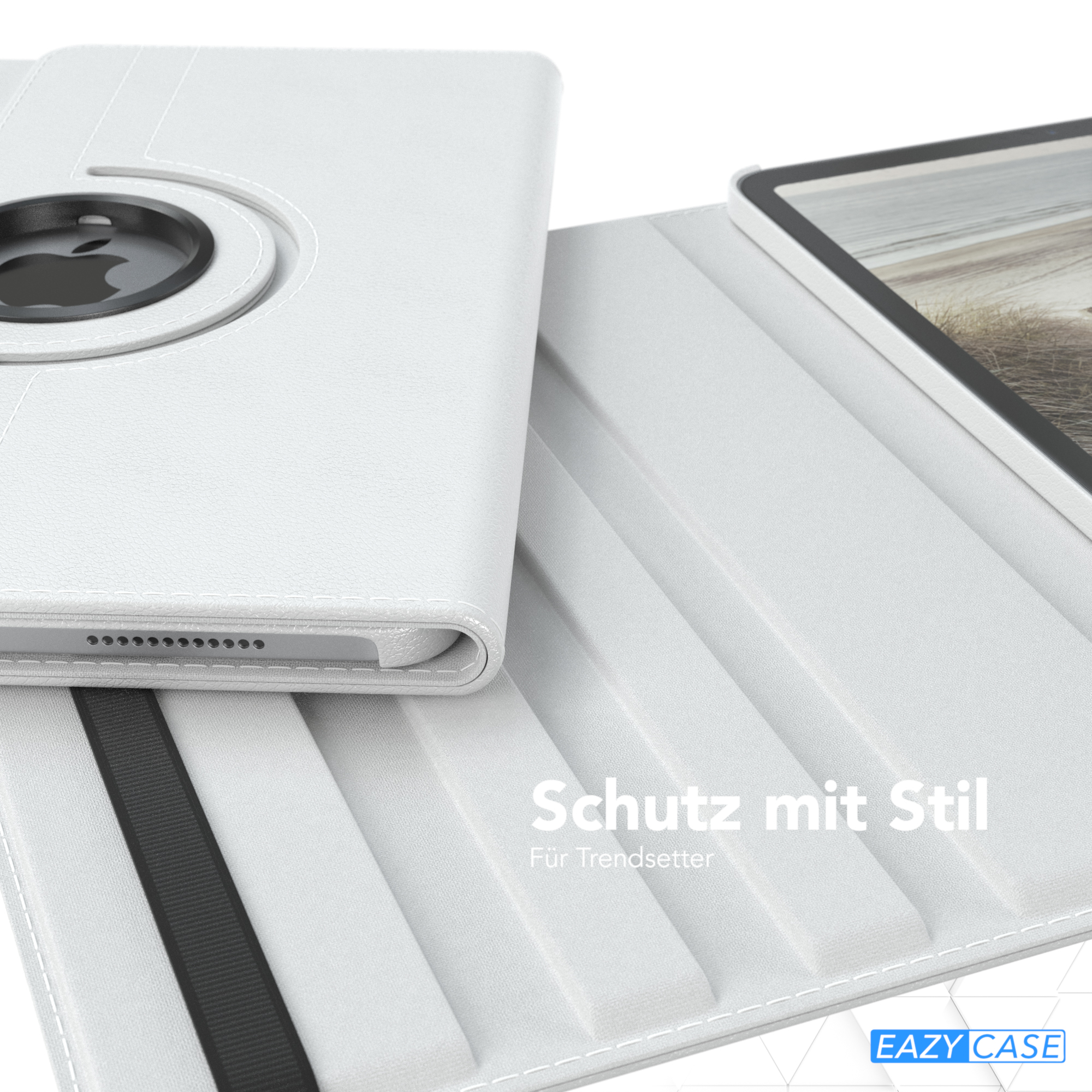 Eine weiße Tablet-Hülle mit Drehmechanismus, die eine Textüberlagerung anzeigt.