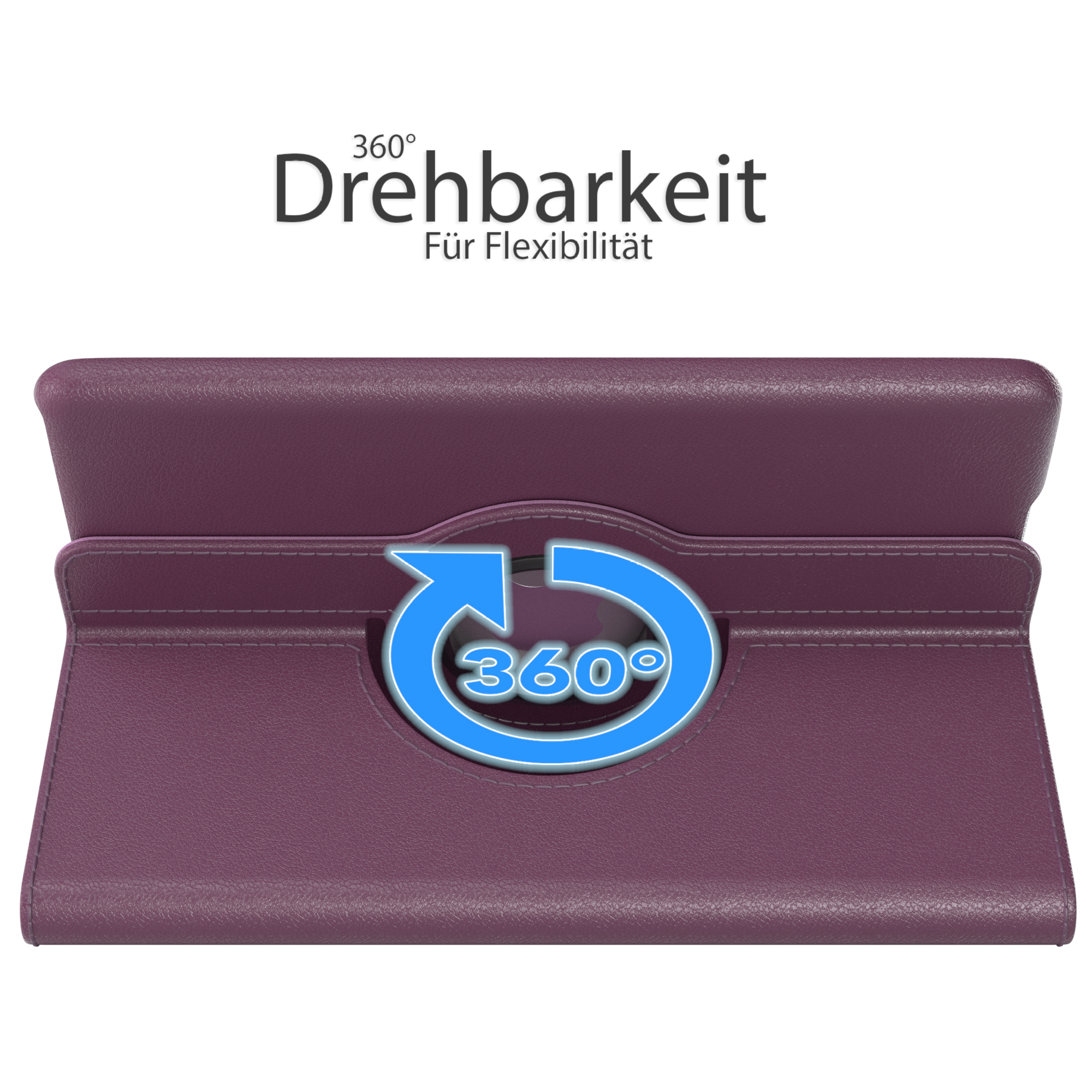 Lila Tablethülle mit 360°-Drehfunktion, Text: 360° Flexibilität.