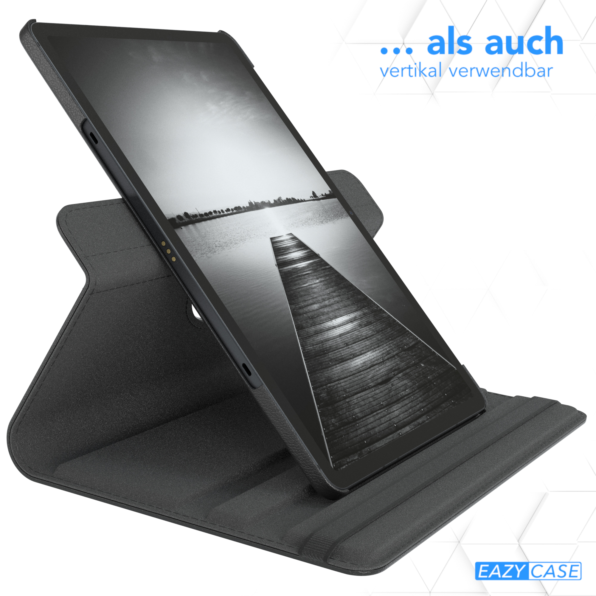 Tablet auf Ständer. Der Bildschirm zeigt eine Landschaft. Der Ständer ist schwarz, das Tablet grau.
