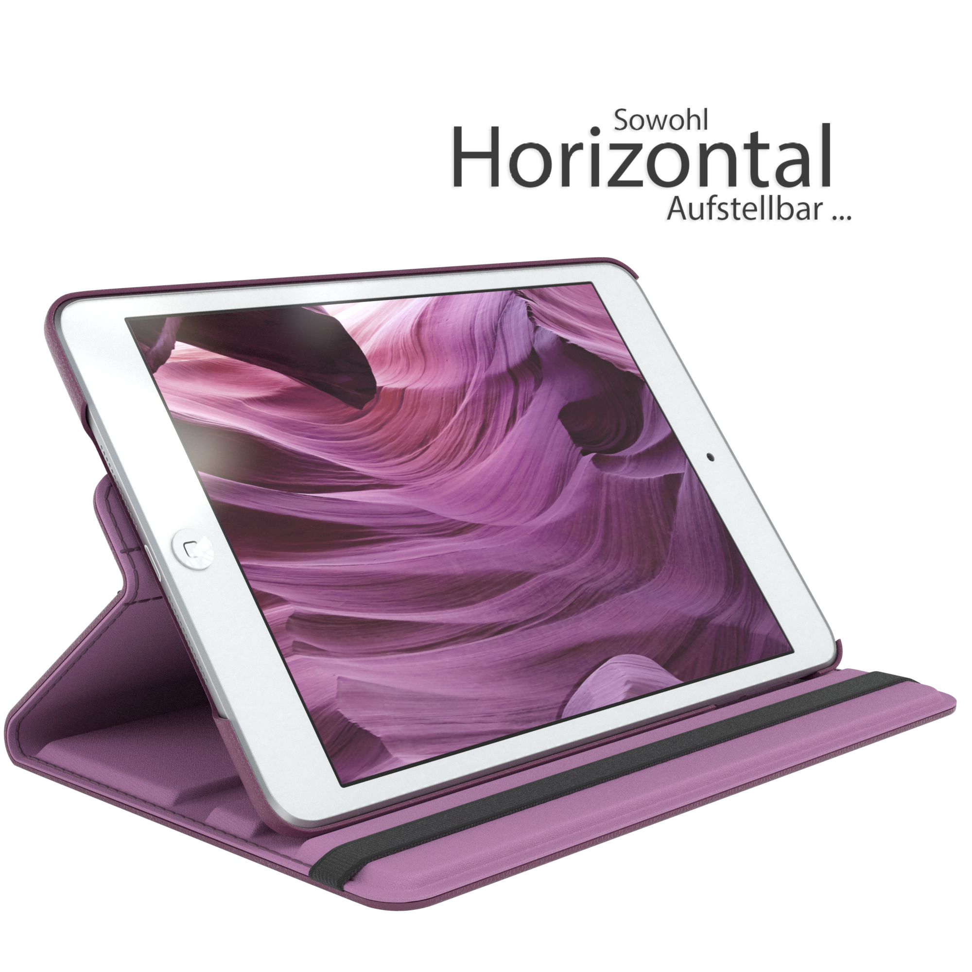 Lila Tablethülle mit einem Tablet. Die Hülle hat einen Ständer. Der Hintergrund zeigt einen Canyon.