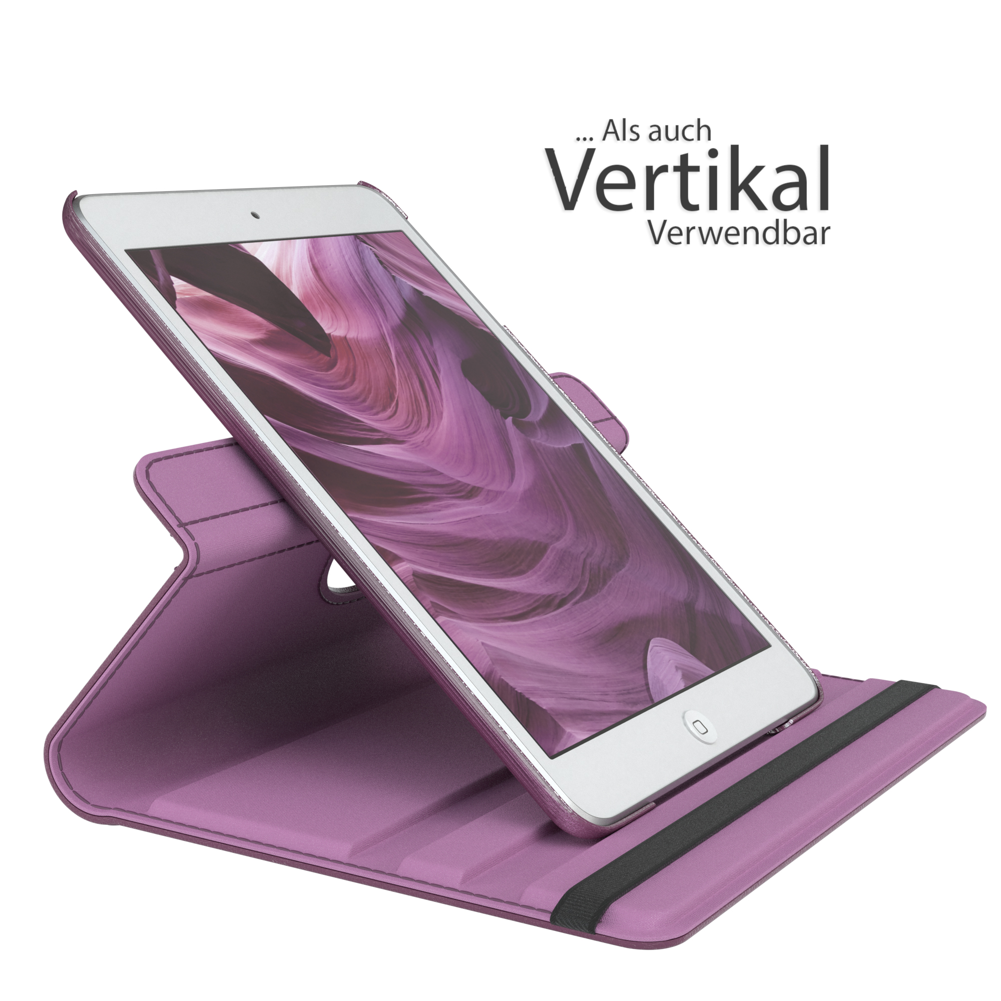 Tablet in lila Hülle, steht vertikal. Text: Auch vertikal verwendbar. Weißer Hintergrund.