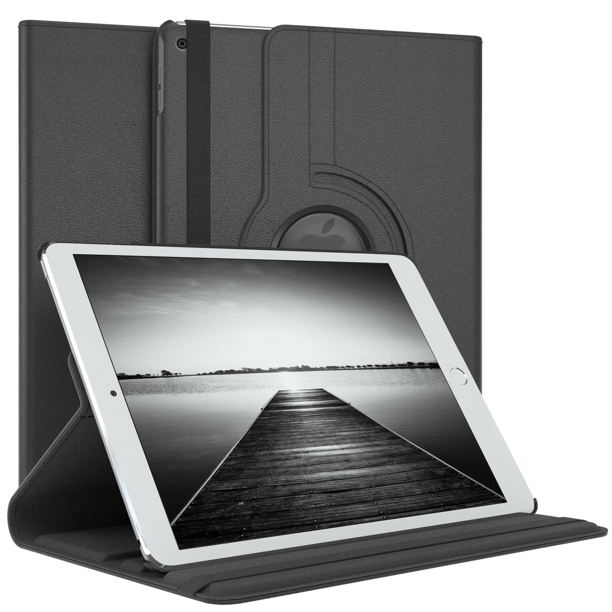 Schwarzes Tablet in schwarzer Hülle, geöffnet auf schwarzer Oberfläche. Landschaftsbild.