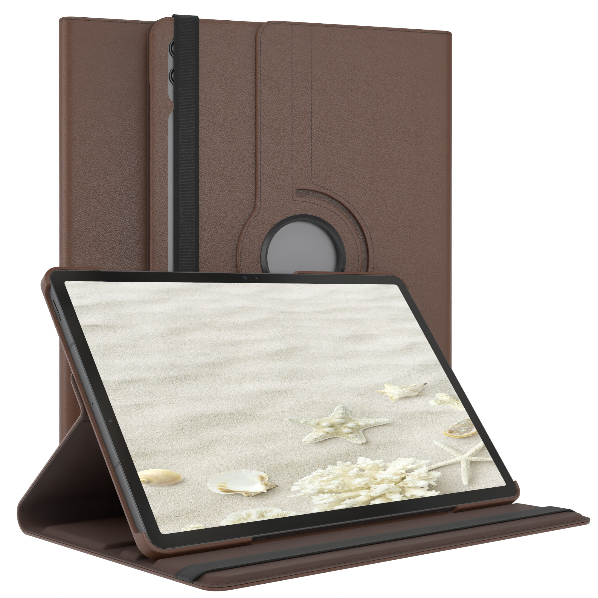 Braune Tablethülle, geöffnet, zeigt ein Tablet. Strandszene auf dem Tablettbildschirm.
