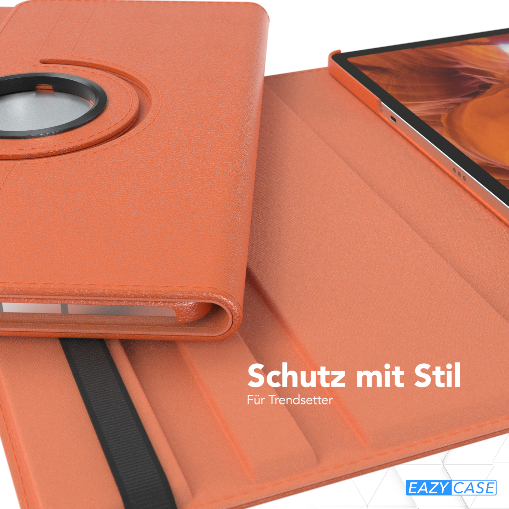 Orange Tablet-Hülle mit Drehring. Text: Schutz mit Stil.