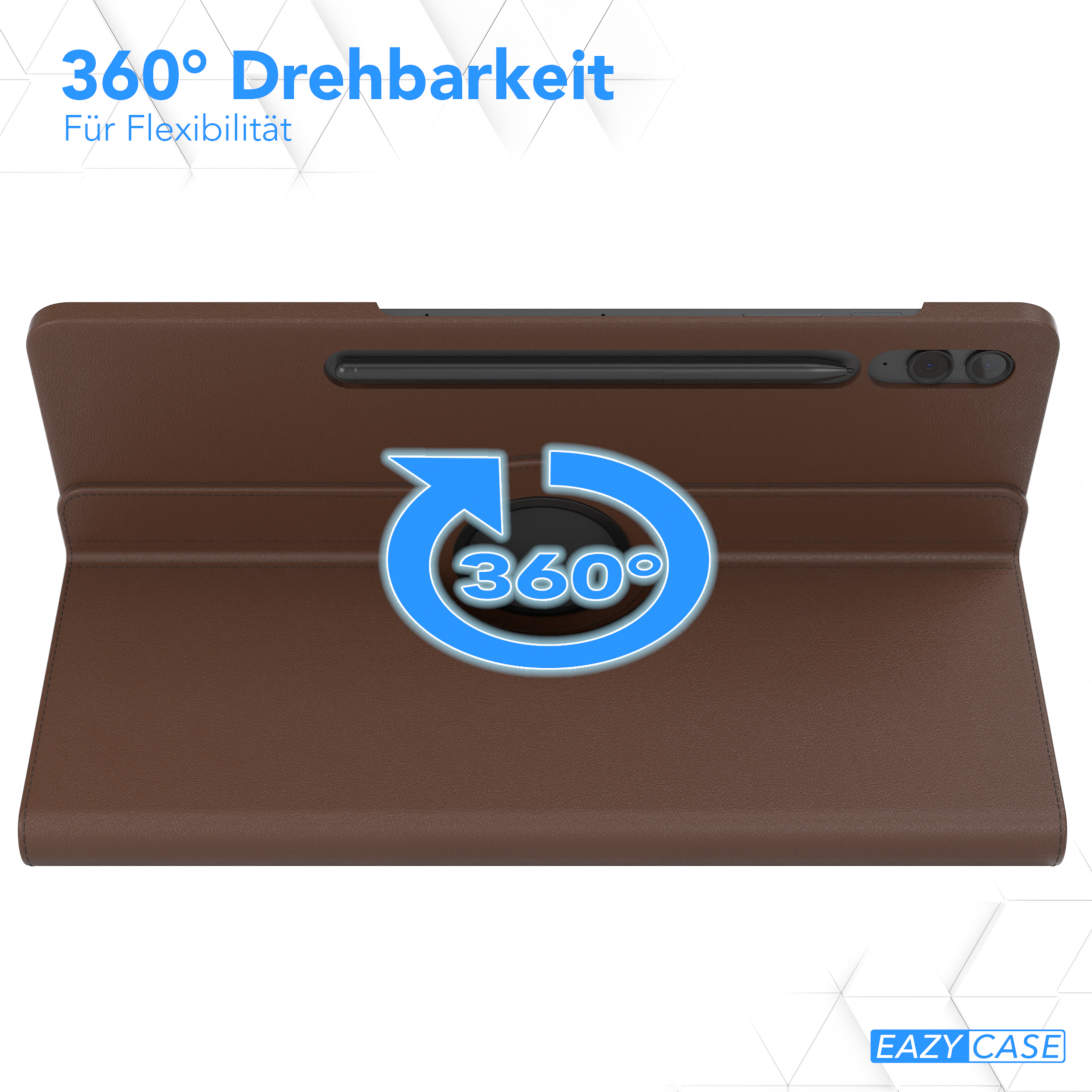 Braune Tablet-Hülle mit 360-Grad-Drehung. Ein blauer Pfeil zeigt die Drehung an. Marke sichtbar.