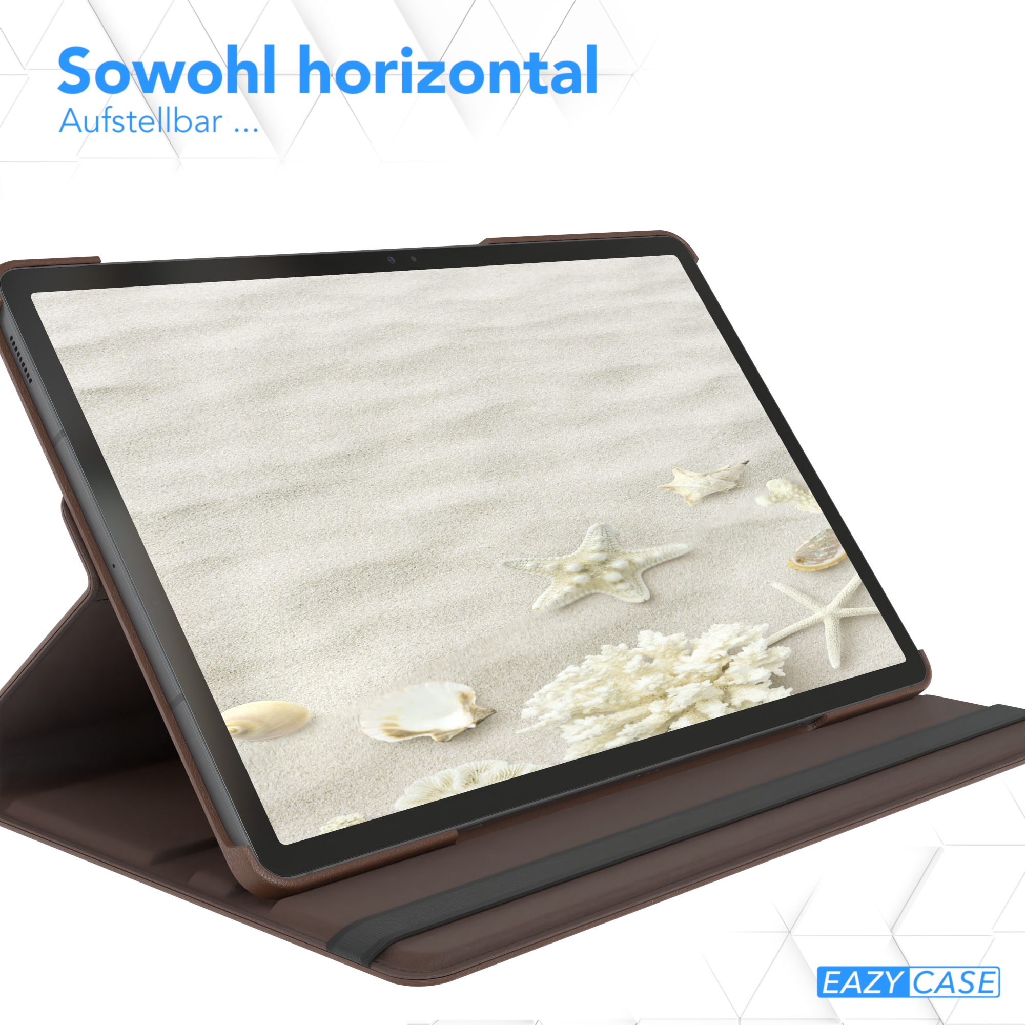Tablet in brauner Hülle, offen, auf sandigem Hintergrund mit Text 'Sowohl horizontal'.