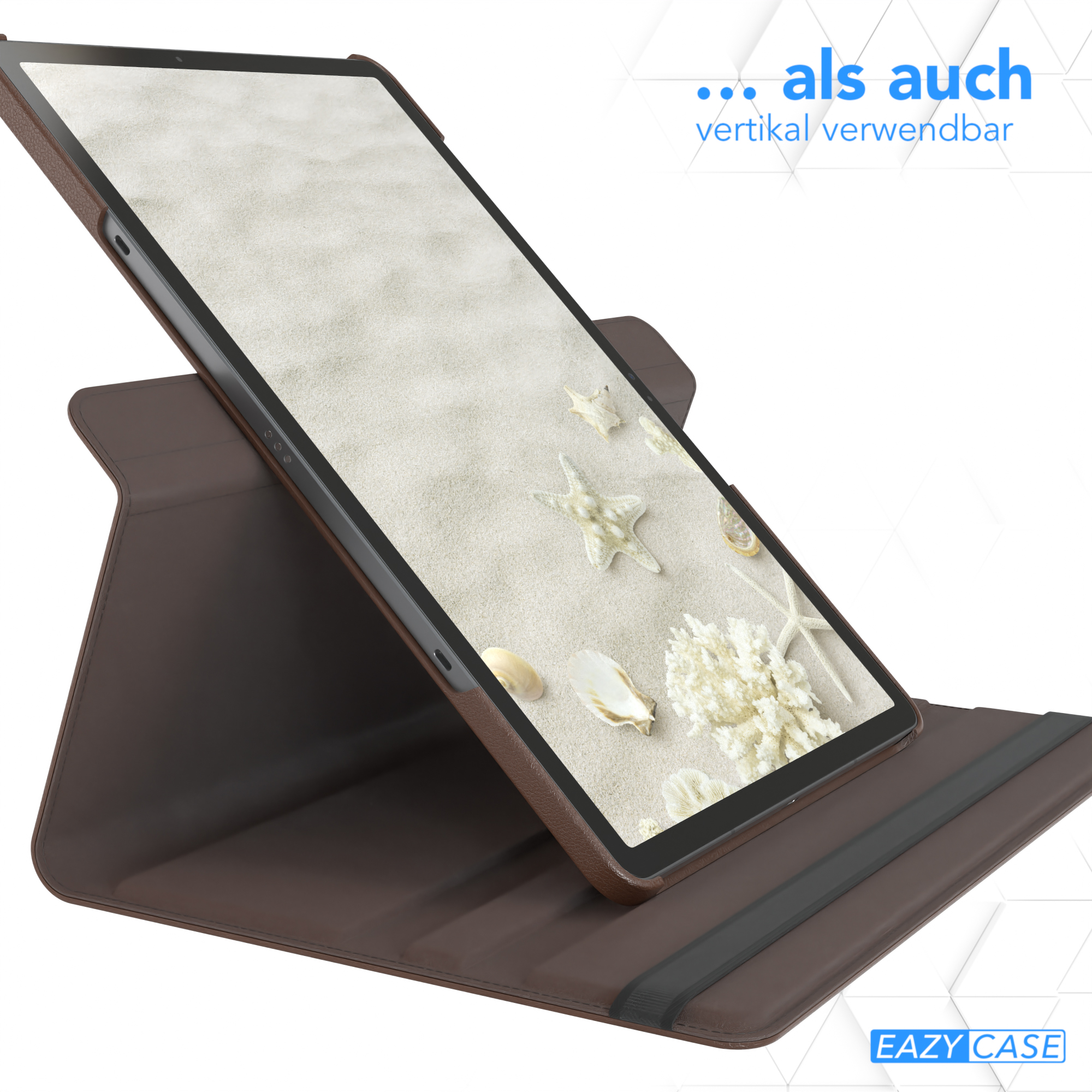 Tablet in braunem Case, Sand und Muscheln auf dem Bildschirm. Text 'Auch vertikal verwendbar'.