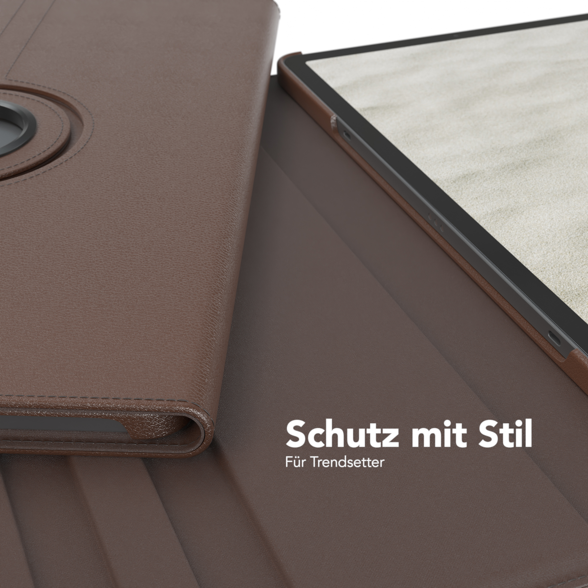 Braune Tablethülle mit Tablet, Text: Schutz mit Stil.