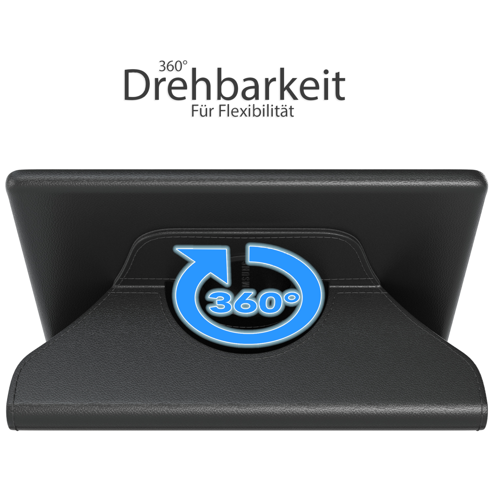 Schwarzes Tablet in einem Ständer. Text: „360° Drehbarkeit“ und „Für Flexibilität“ mit blauem Pfeil.