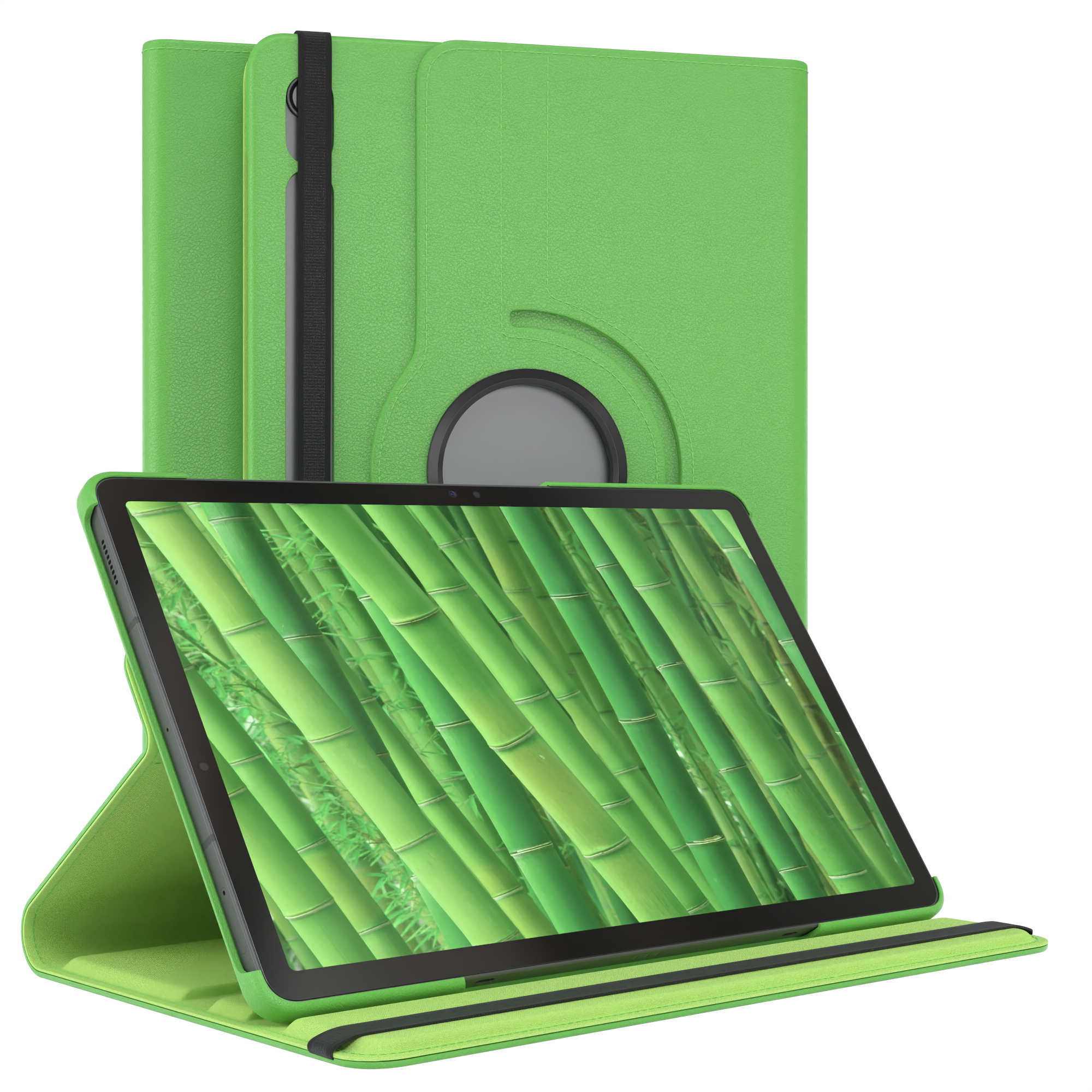 Tablet in grüner Hülle, auf weißem Hintergrund. Das Tablet ist geöffnet, mit Bambuswaldszene auf dem Bildschirm.