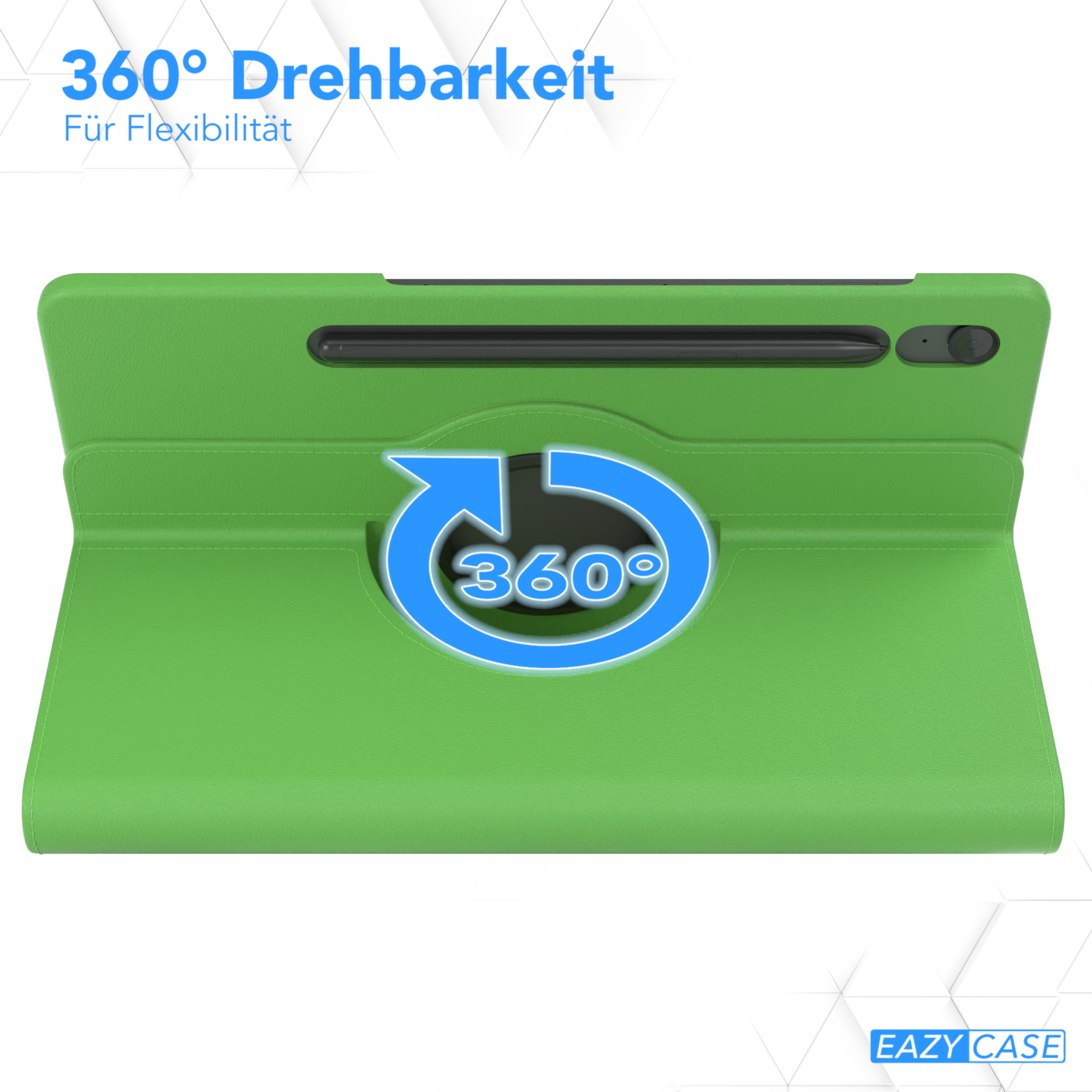 Eine grüne Tablethülle mit offener Klappe, die einen Tablet-Bildschirm vor weißem Hintergrund zeigt.