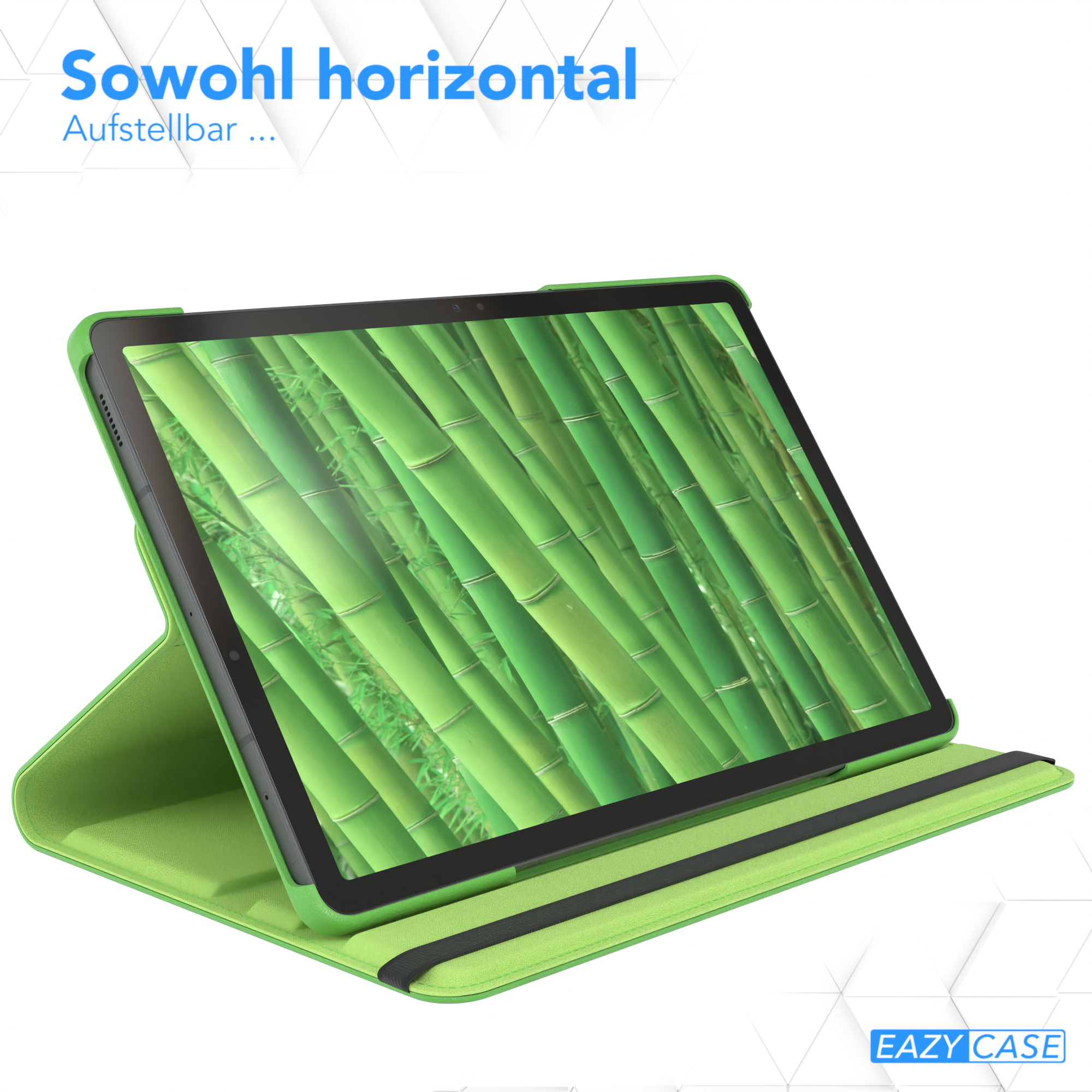Geöffnete grüne Tablethülle, die ein Tablet mit Bambuswald-Bild hält, horizontal nutzbar.