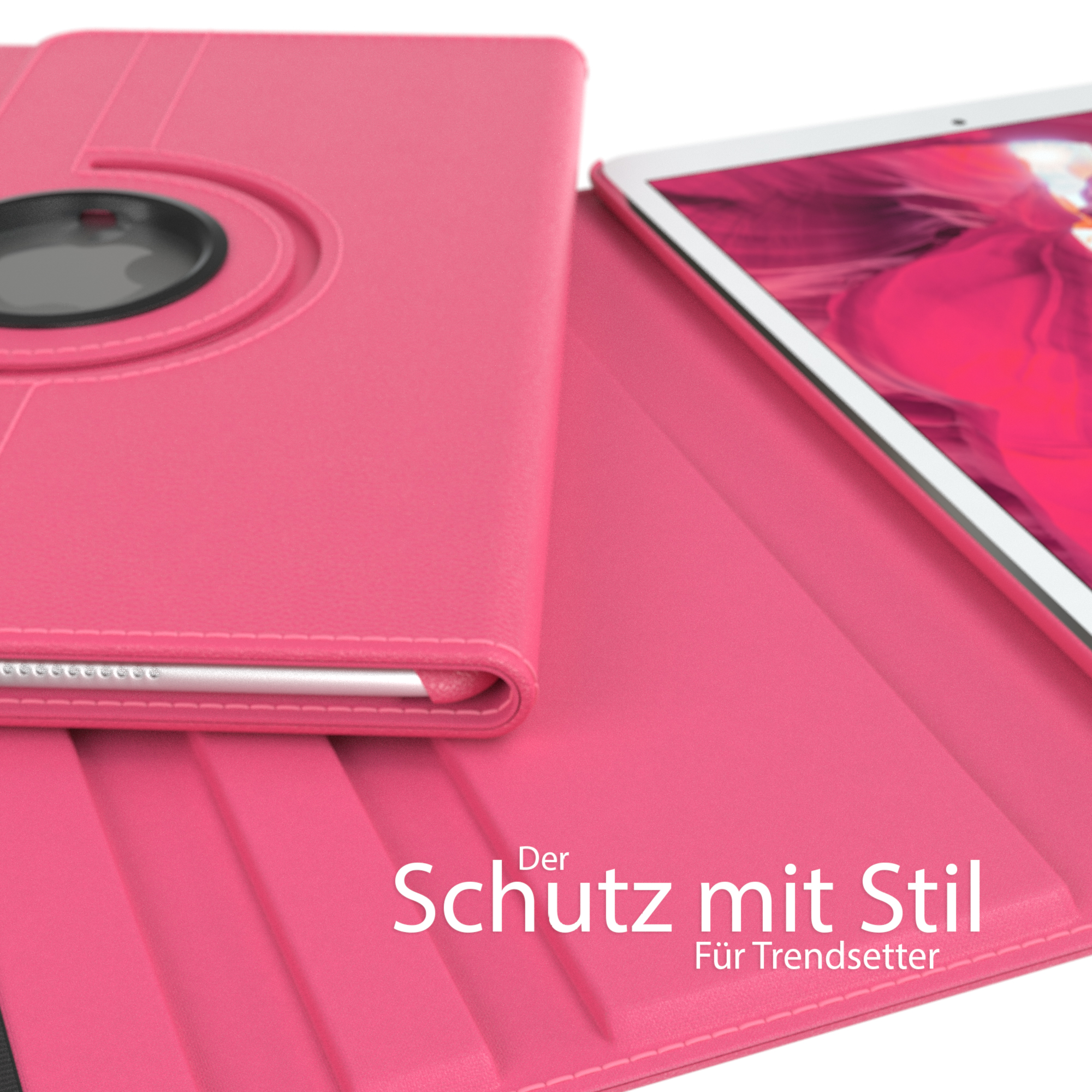 Rosa Tablethülle mit Text, offen, zeigt einen Tablet-Bildschirm. Stilvolles Design.