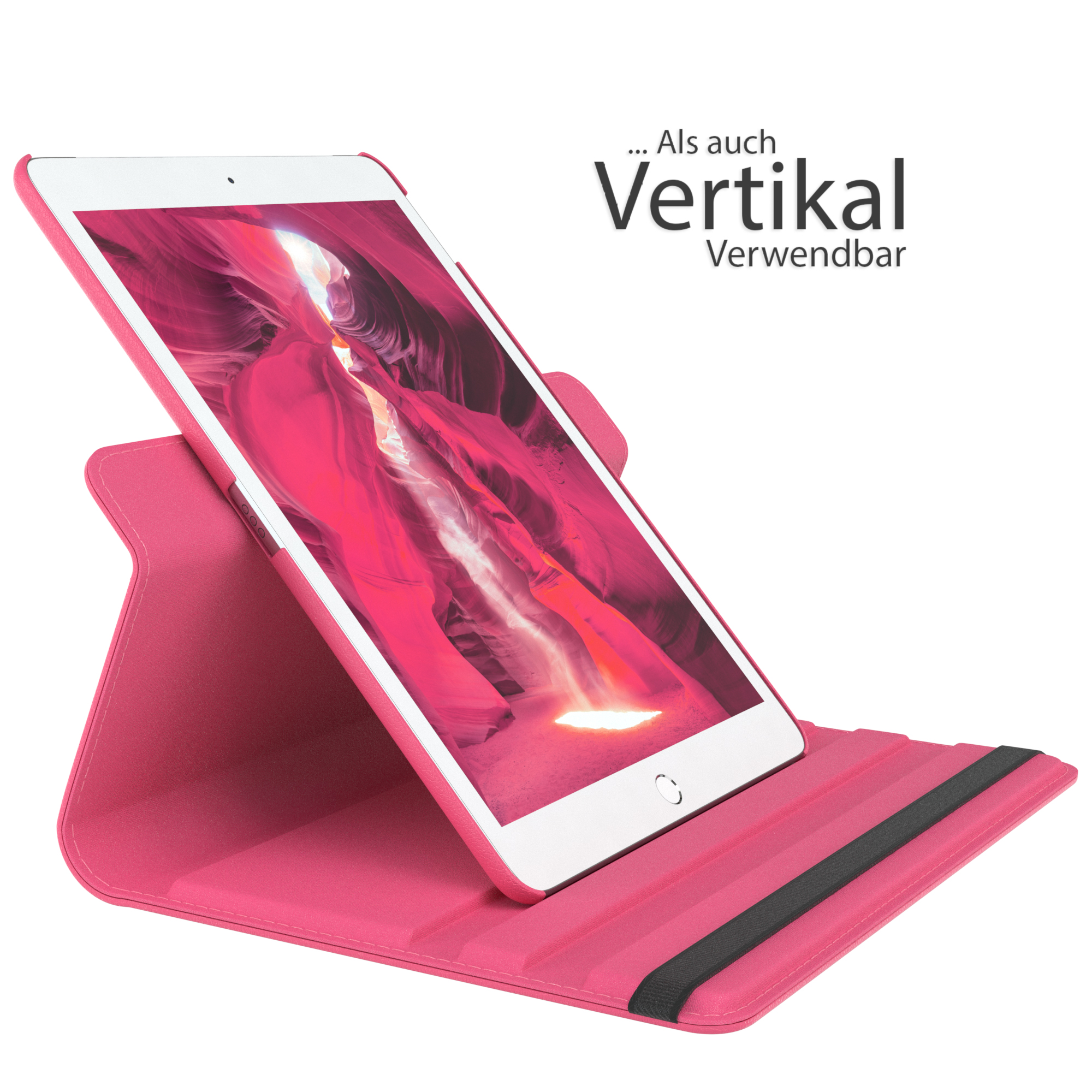 Rosa Tablet in rosa Hülle, vertikal unterstützt. Text: 'Auch vertikal'.
