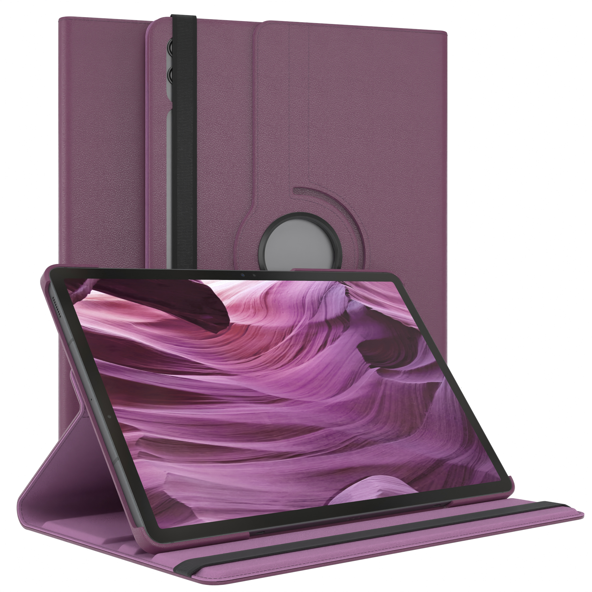 Ein Tablet mit Hülle. Die Hülle und das Tablet sind lila. Das Tablet liegt.