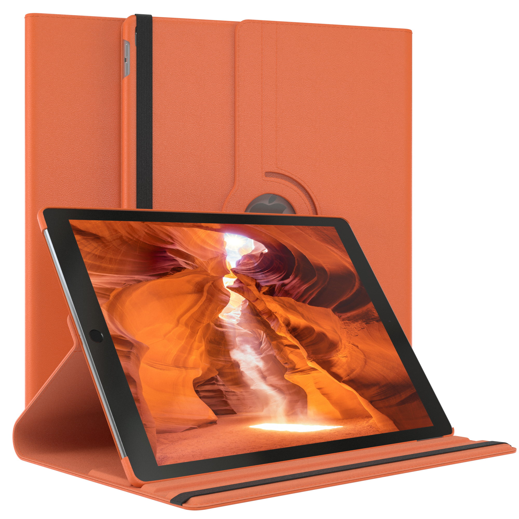 Orange Tablet in oranger Hülle. Tablet zeigt Canyon-Bild.