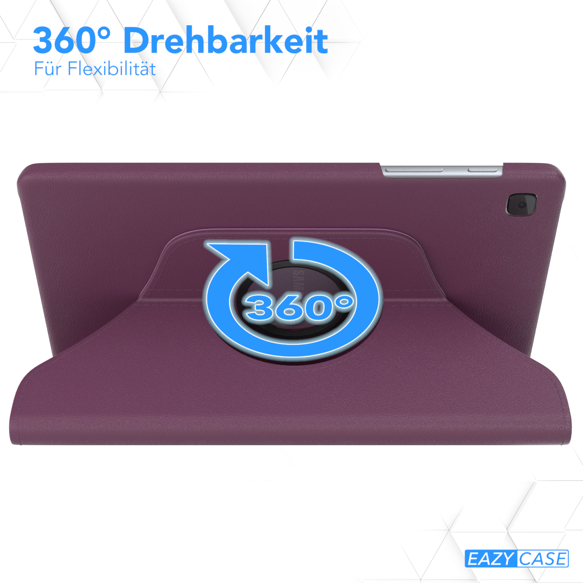 Eine lilafarbene Tablethülle mit 360-Grad-Drehfunktion, die ein rotierendes Design zeigt.