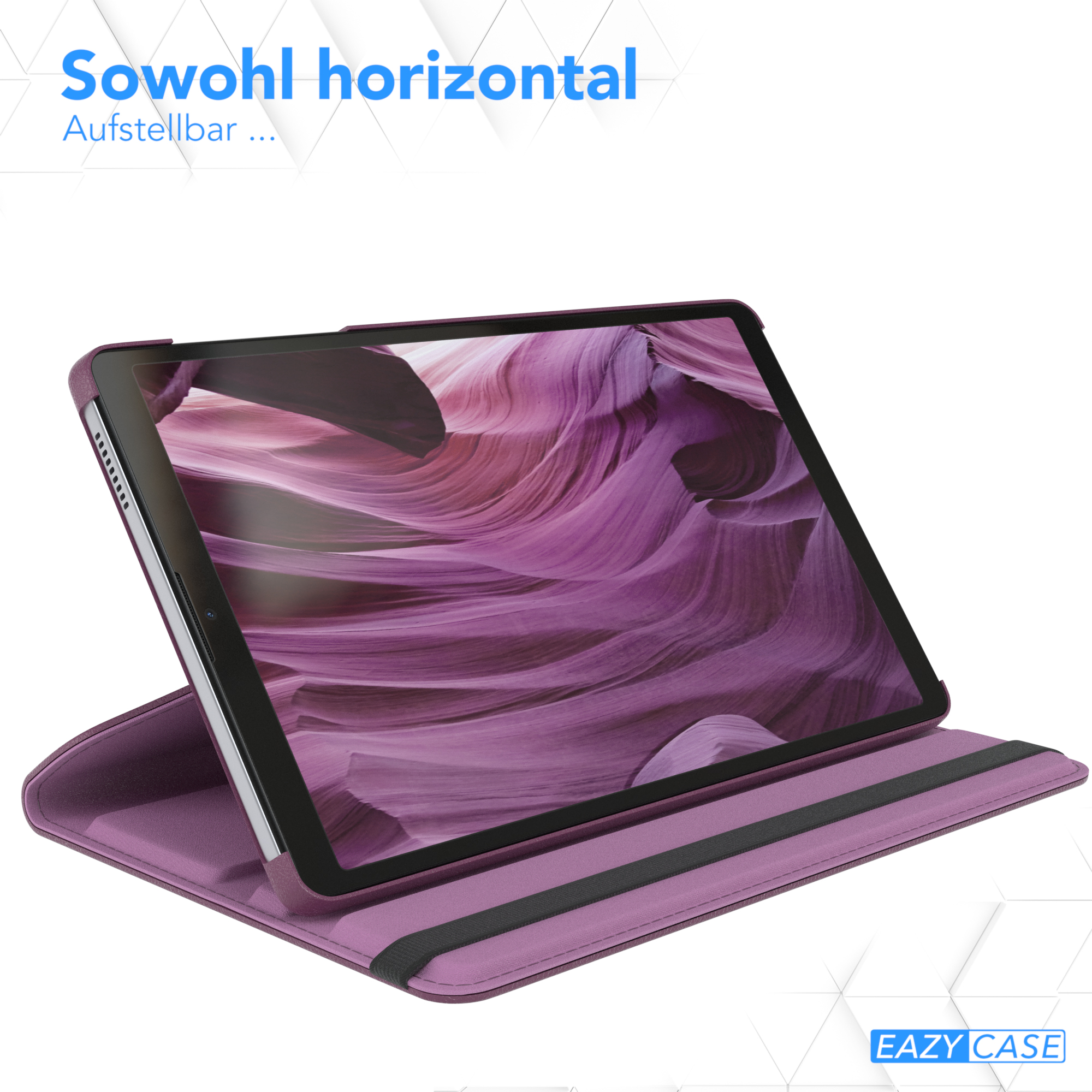 Tablet in lilafarbener Hülle. Text "... als auch vertikal verwendbar" oben rechts.