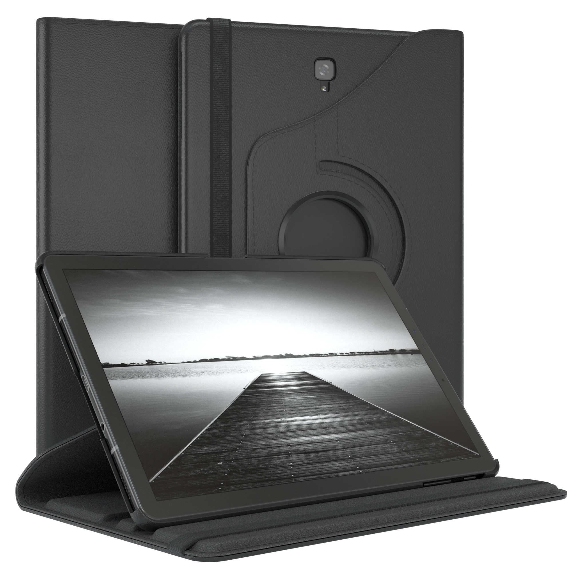 Schwarzes Tablet in einer schwarzen Hülle. Das Tablet zeigt ein Landschaftsbild. Die Hülle hat einen Drehstand.