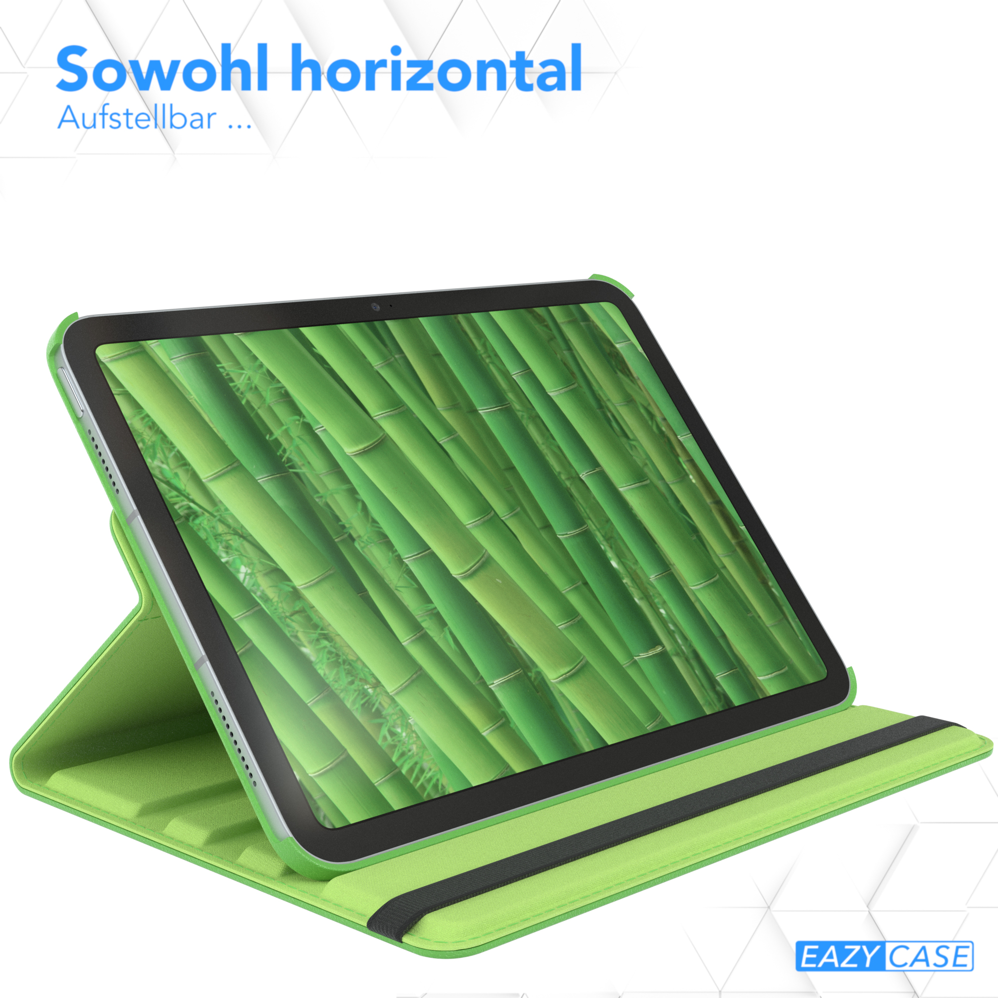 Grüne Tablet-Hülle mit Bambuswald auf dem Bildschirm, auf weißem Hintergrund.