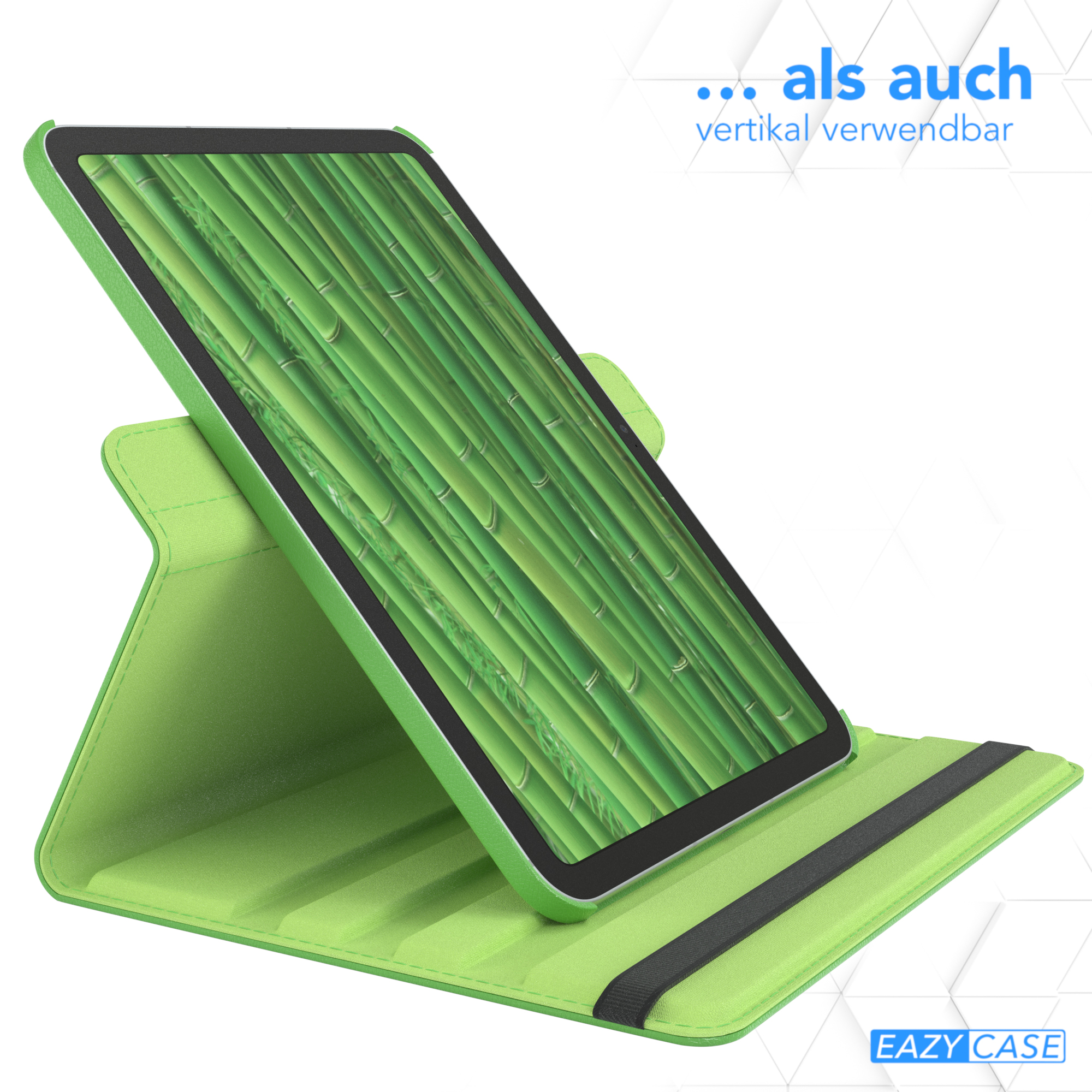 Tablet in grüner Hülle mit Bambuswald-Bild, mit 'EAZY CASE'-Logo.