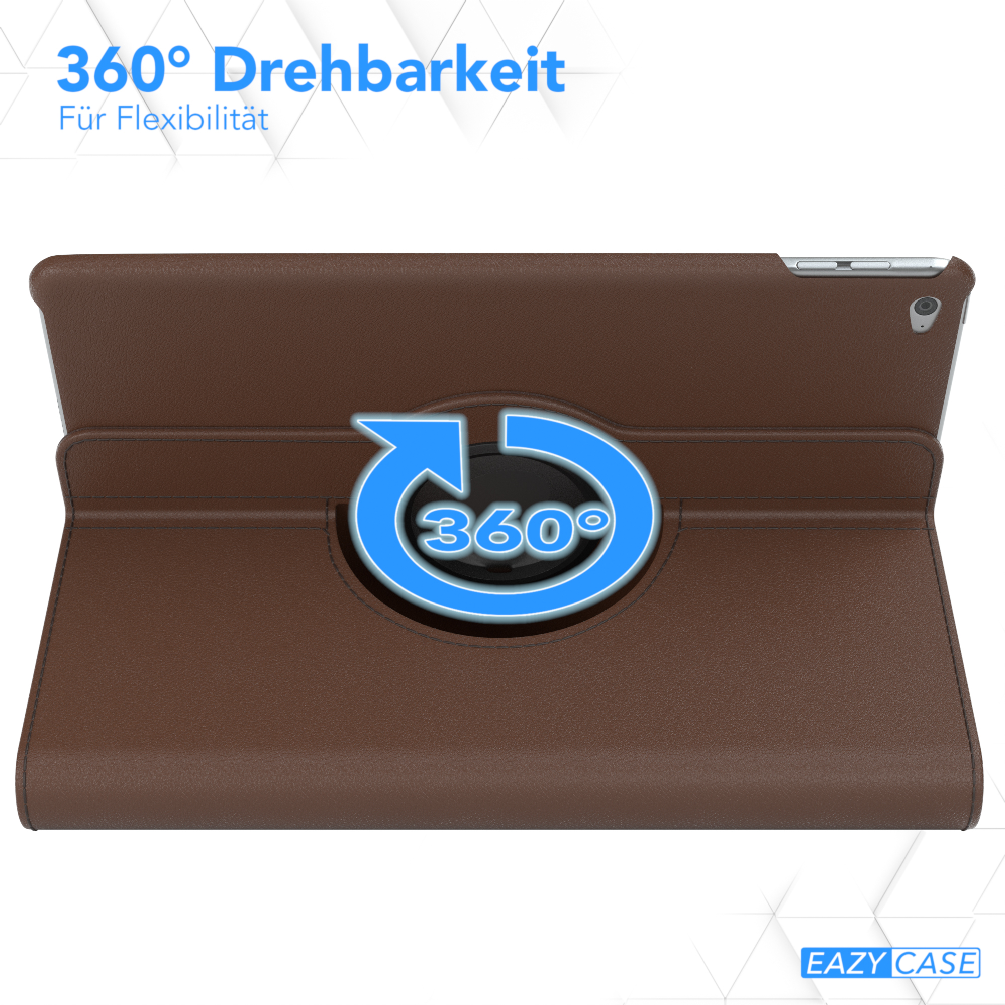 Braune Tablethülle mit 360°-Drehfunktion, mit blauem Pfeilsymbol.