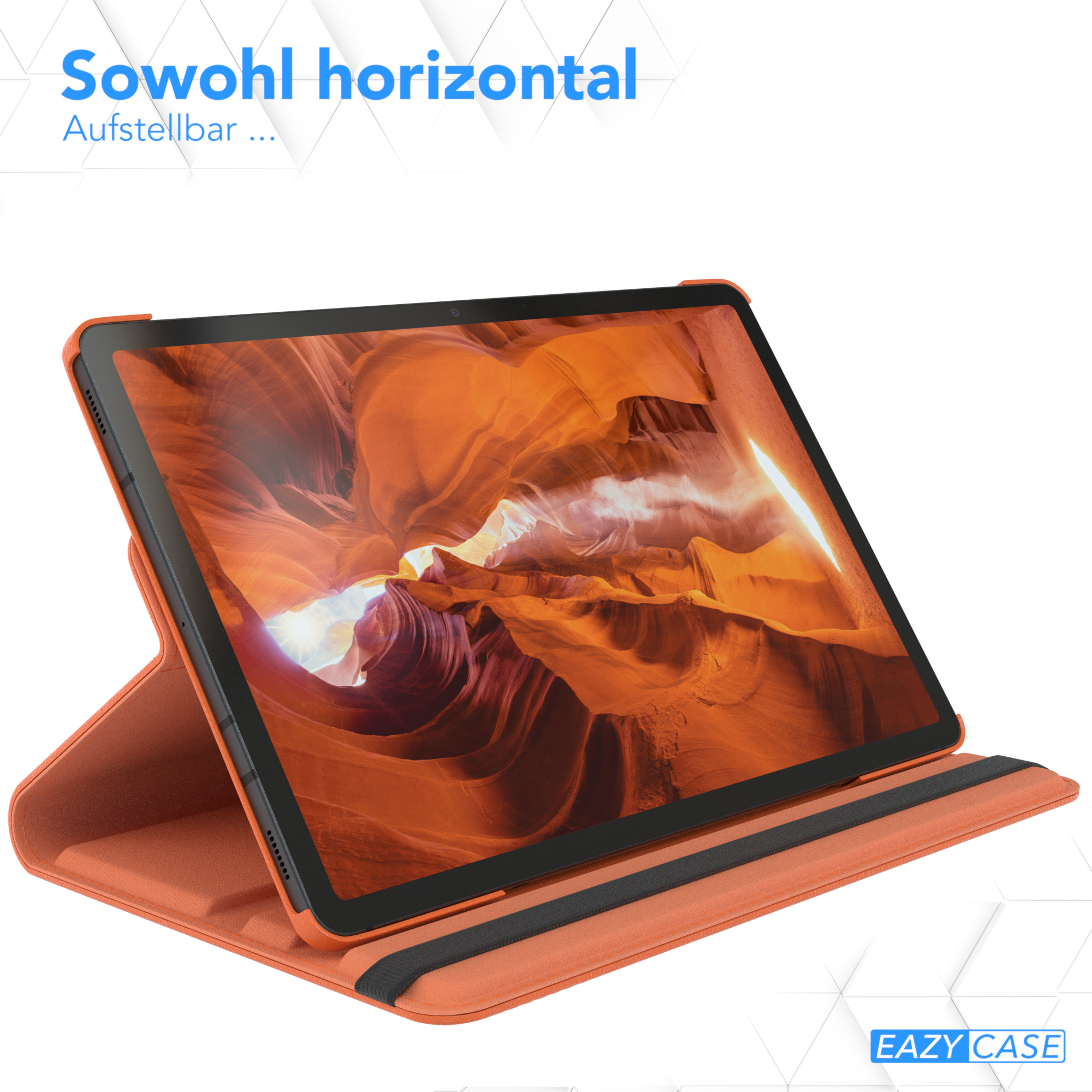 Orangefarbene Tablethülle mit Text in der oberen linken Ecke und einem sichtbaren Bildschirm.