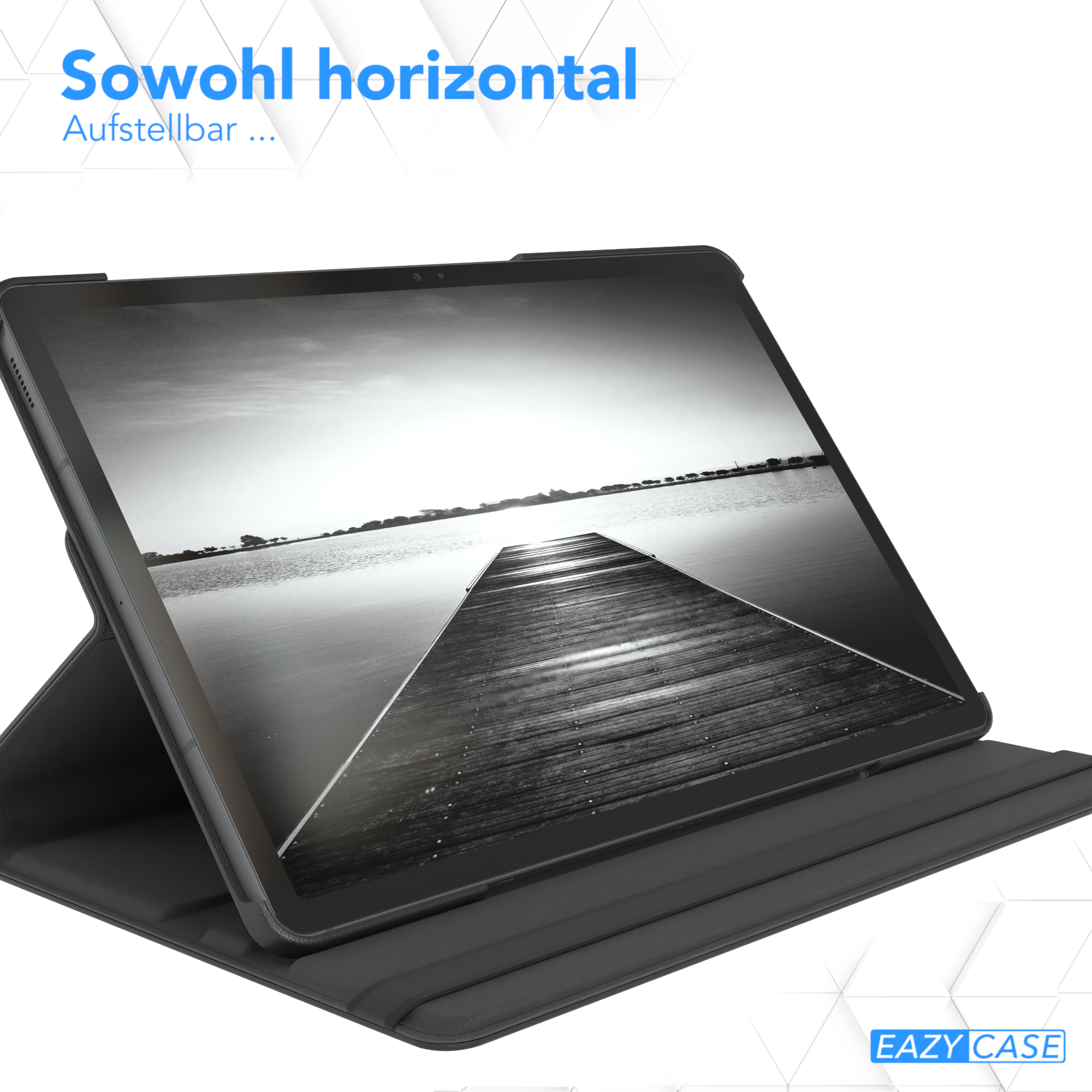 Tablet in schwarzer Hülle auf einem Tisch. Der Text oben lautet 'Sowohl horizontal'. Der Hintergrund ist Landschaft.