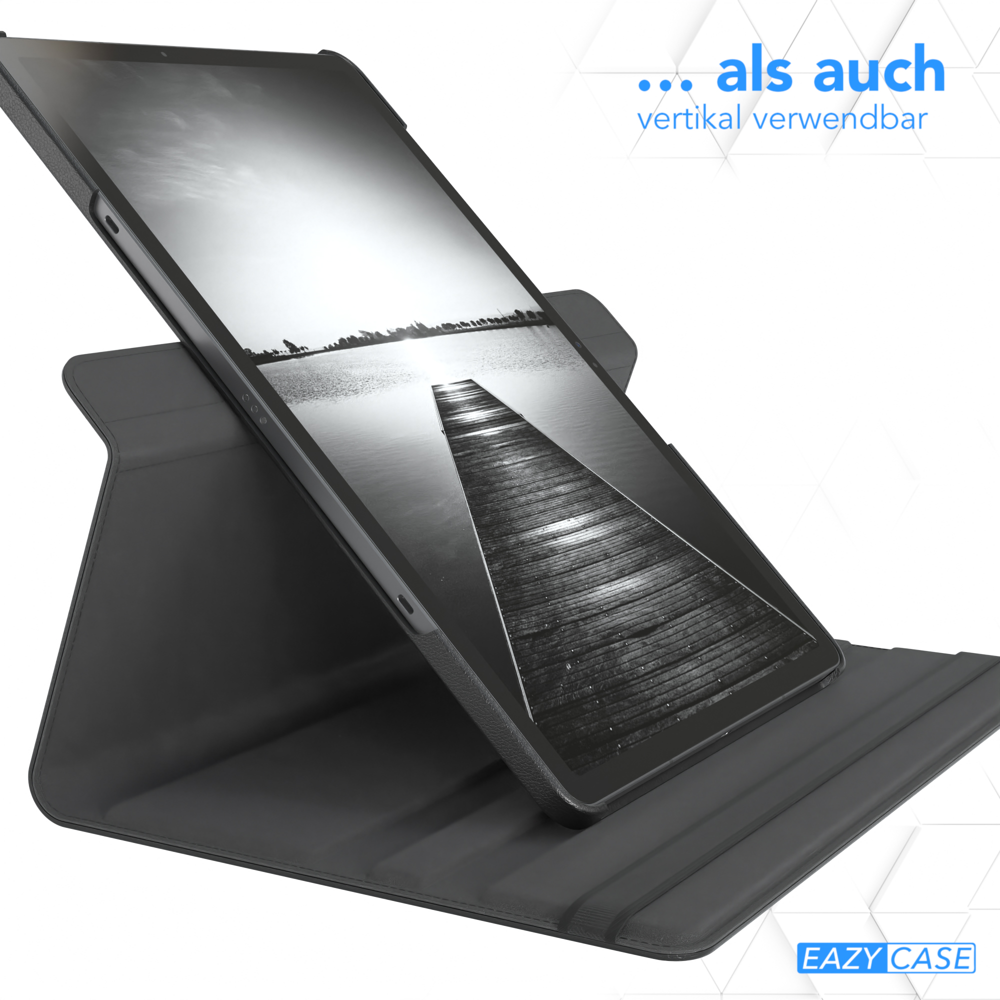 Ein schwarzes Tablet in einem schwarzen Ständer. Text: 'vertikal verwendbar' und 'EAZY CASE'.